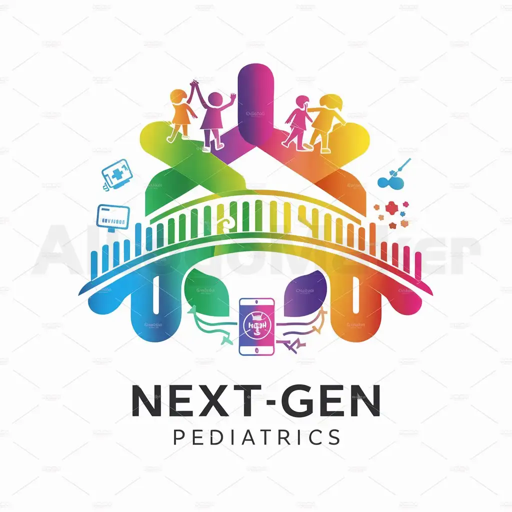 a logo design,with the text "Next-Gen Pediatrics: Bridging Science, Practice and Technology", main symbol:medical symbols, children, bridge , colorful , use bright colors . symbols of technology and science, use  white background,complex,be used in Medical Dental industry,clear background