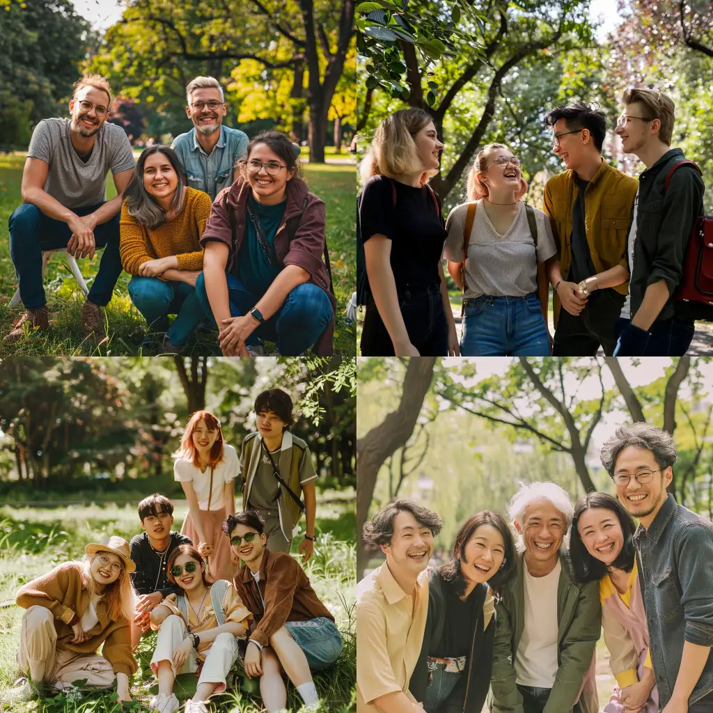 photo of 5 people aged between 25 and 50 in a park, in a friendly attitude, dynamic photo, professional color grading, soft shadows, no contrast, clean sharp focus, film photography, Turn on RTX for realistic detail --style raw