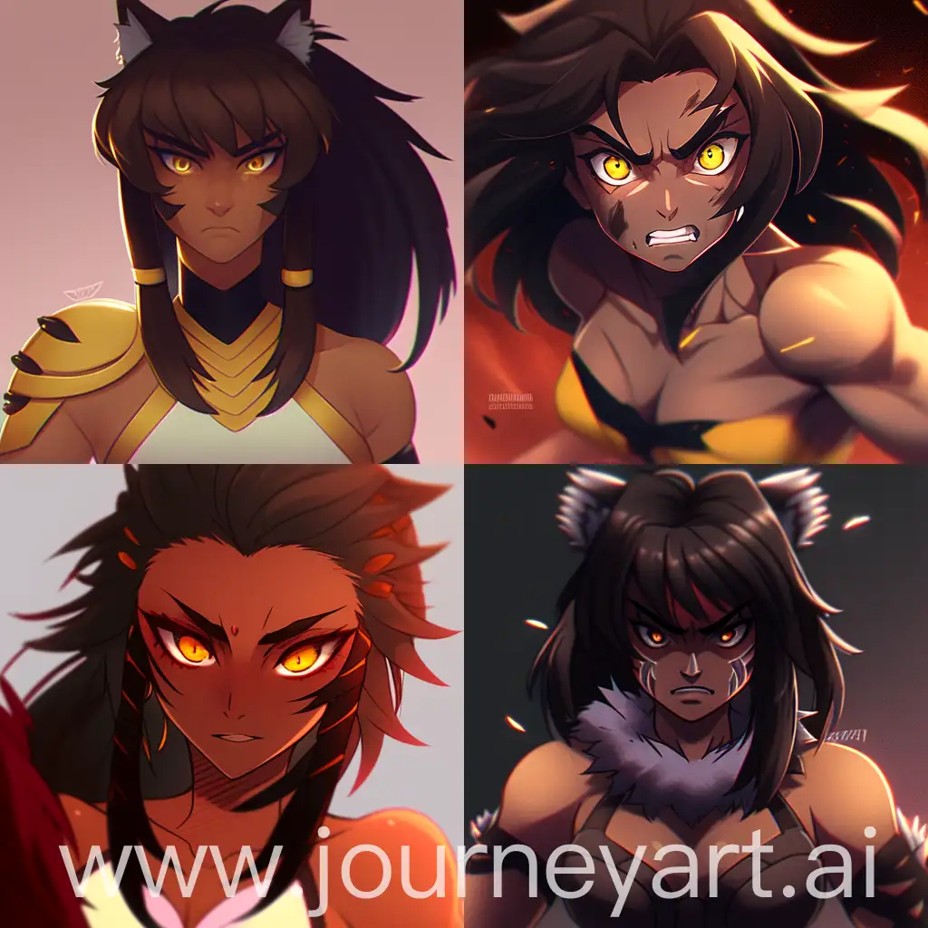 Wild-Woman-with-Tan-Skin-and-Brunette-Hair-featuring-Wolfcut-Hairstyle-and-Yellow-Eyes