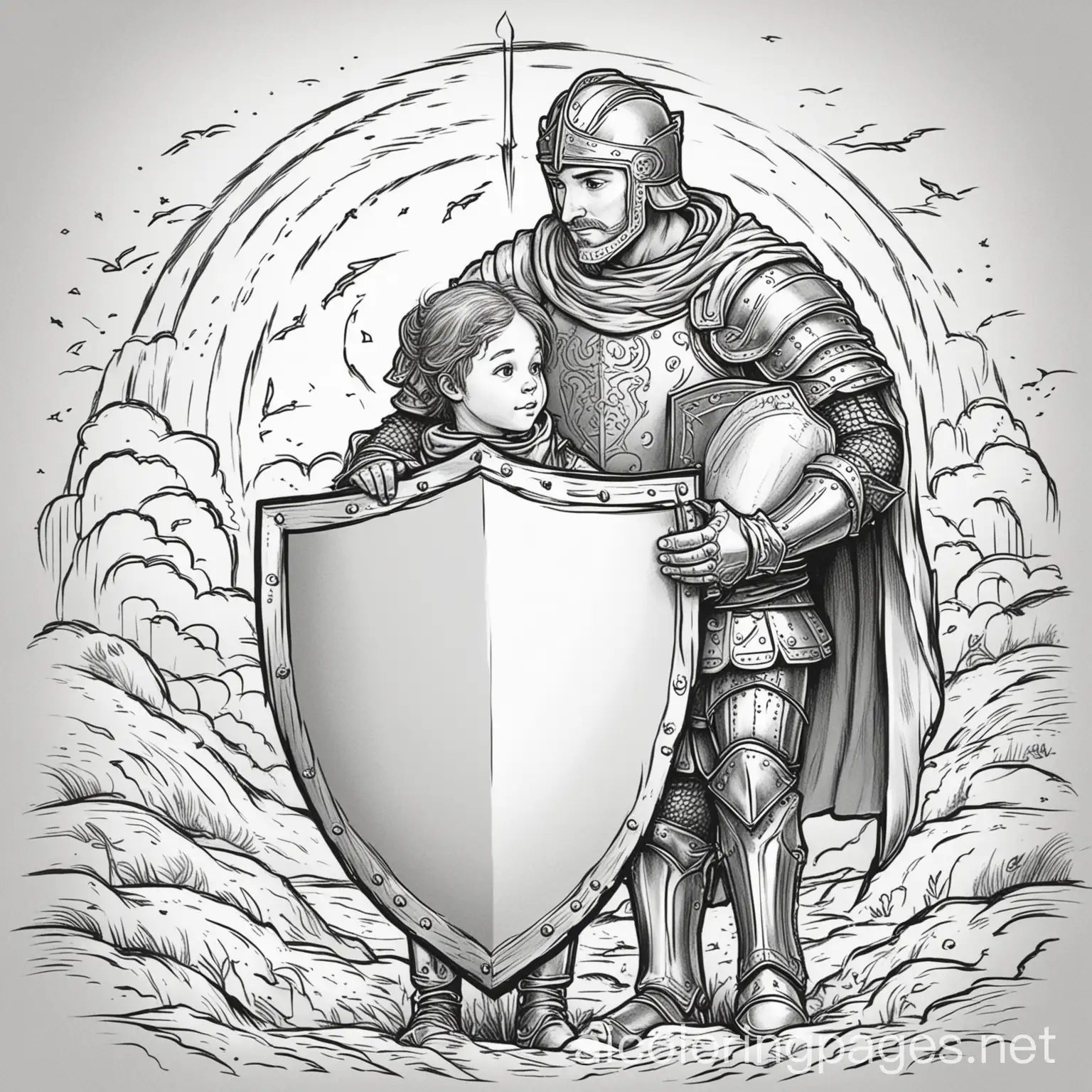 Knight holding a shield over a child’s head to protect him from a storm, Coloring Page, black and white, line art, white background, Simplicity, Ample White Space. The background of the coloring page is plain white to make it easy for young children to color within the lines. The outlines of all the subjects are easy to distinguish, making it simple for kids to color without too much difficulty