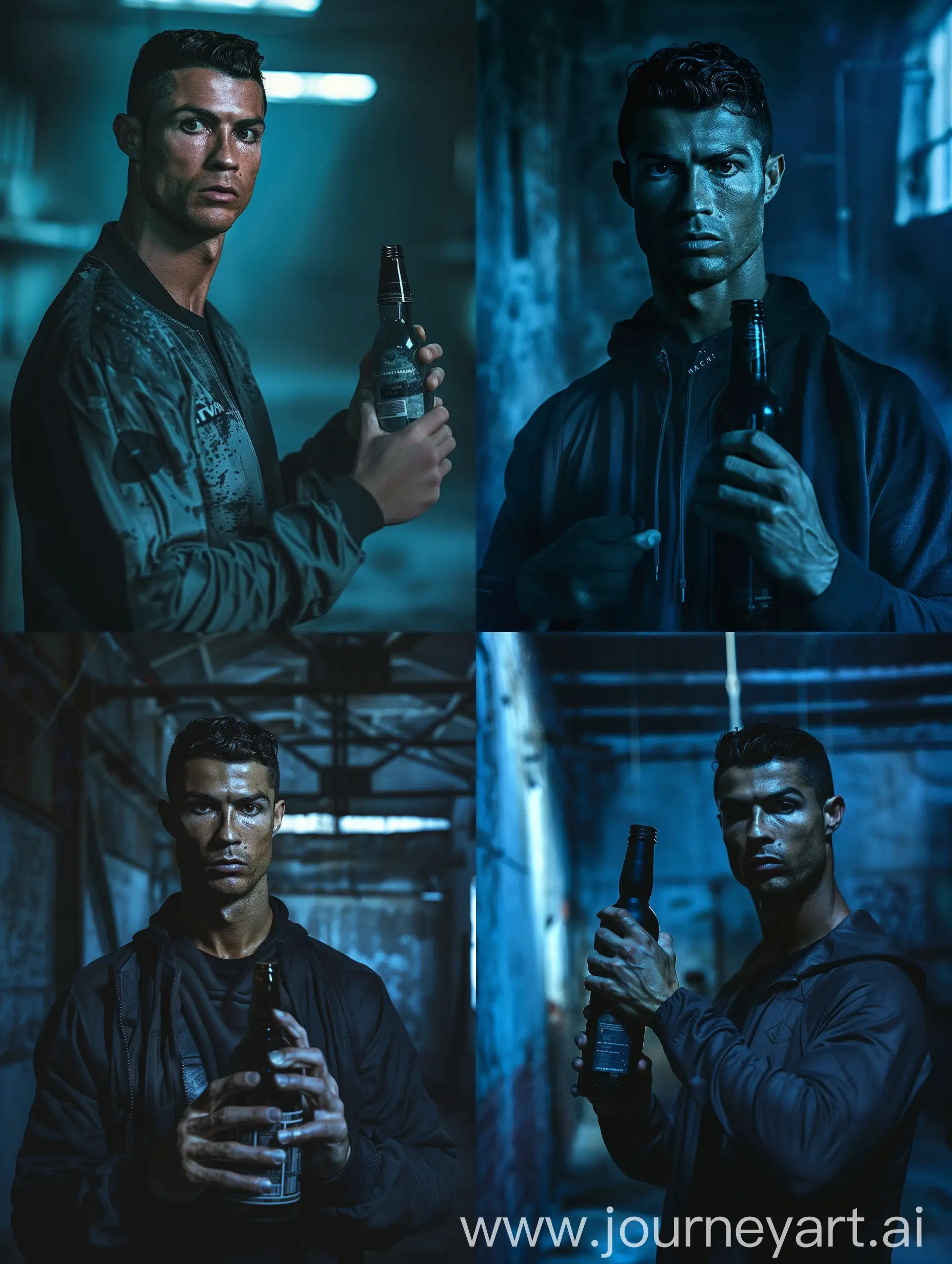 A real and very accurate photo of Cristiano Ronaldo, holding a bottle, showing the bottle label forward, facial details precise: 4.5, in a dimly lit space, dark, dark blue harmony, DSLR camera, 80mm lens, photographed by Steve McCurry, high resolution, [--not blurry], precise details, realistic photography, 3:4 aspect ratio, V6.