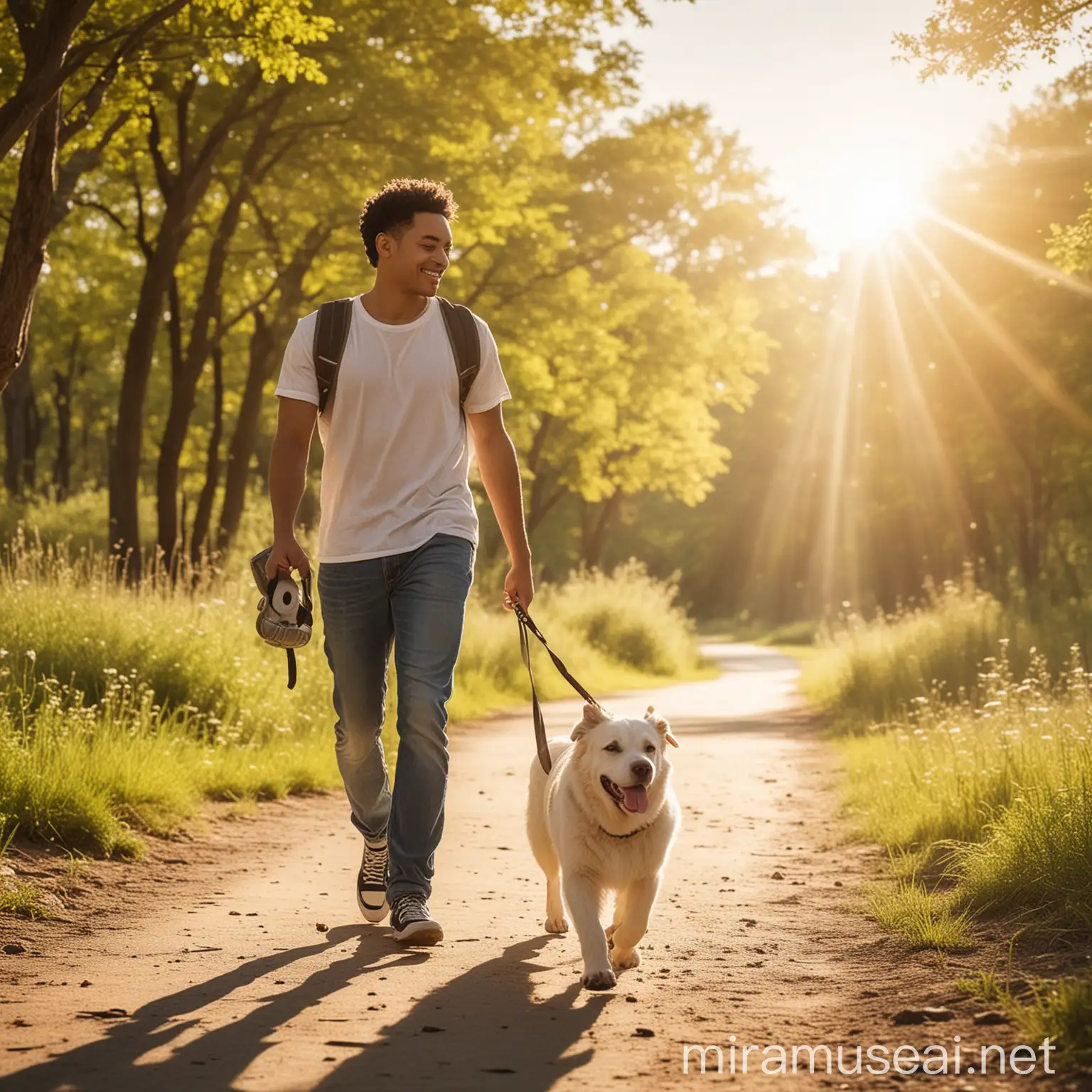 Musician and Pet Enjoying Sunny Stroll in Nature