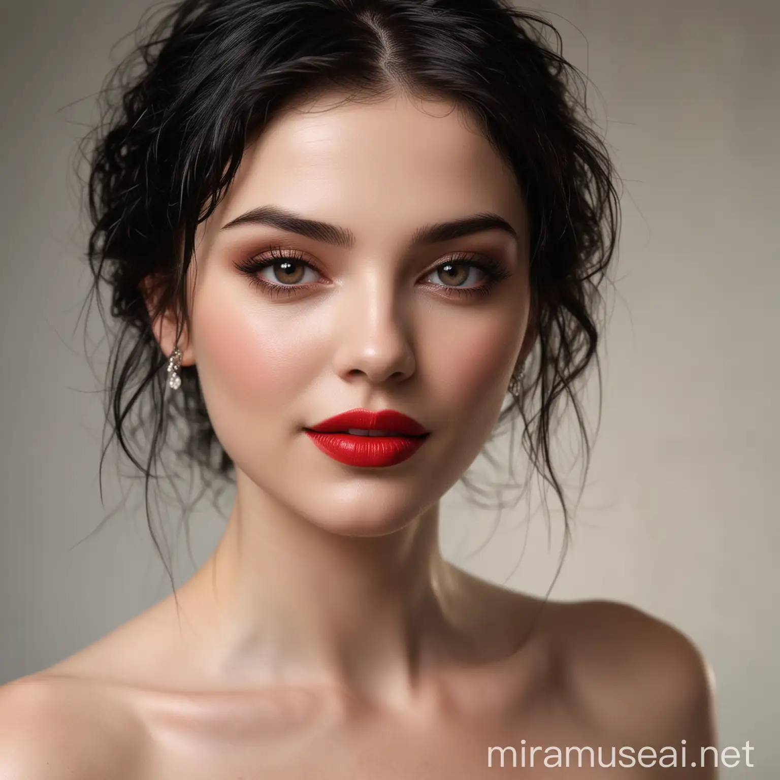 Ethereal Woman with Cascading Dark Hair and Radiant Red Lips