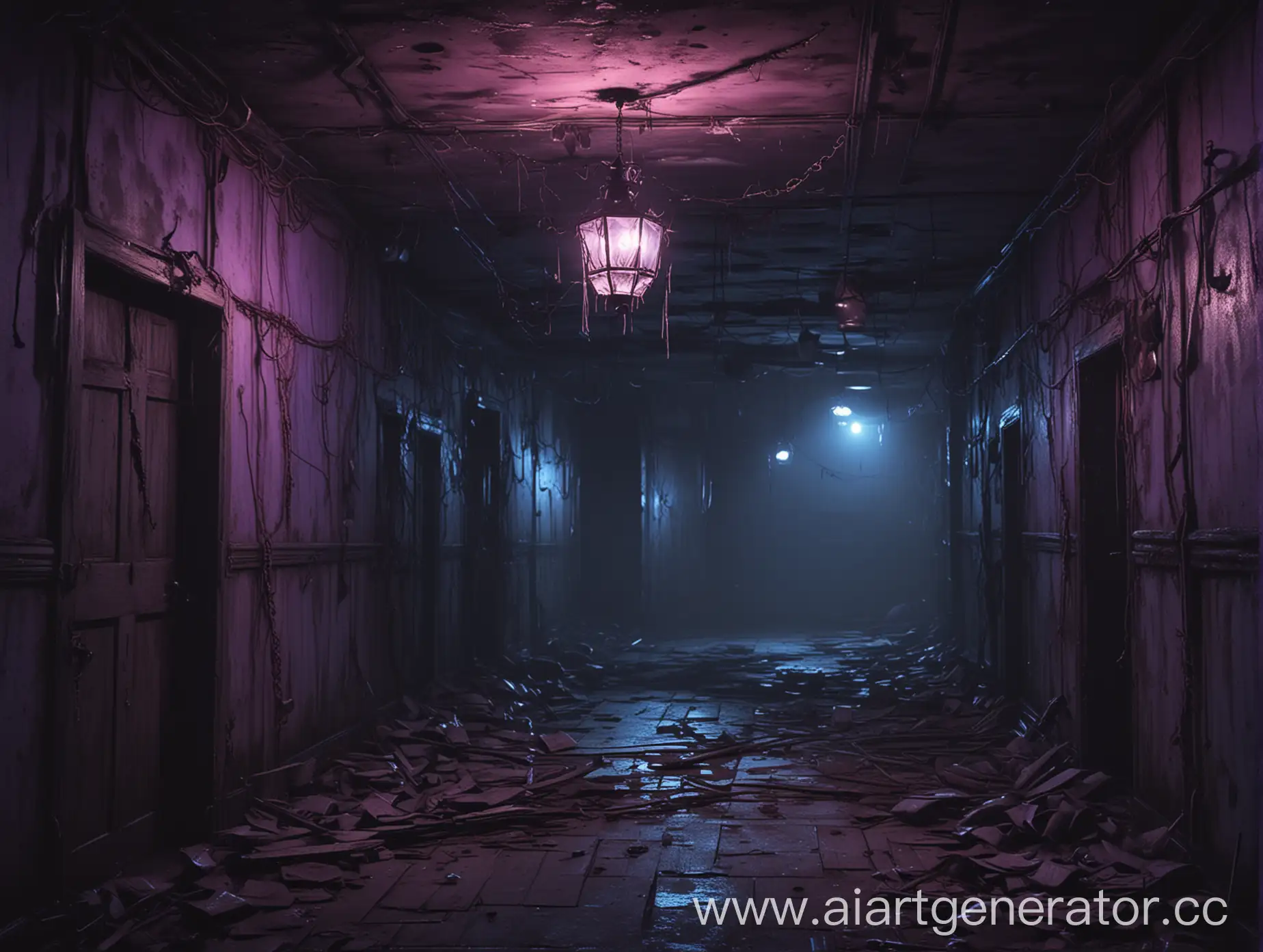 Create a background image for a song titled 'Eternal Night' inspired by Five Nights at Freddy's. The scene should be dark and eerie, set in the haunted hallways of a decrepit pizzeria. Include shadows of animatronic characters like Foxy lurking in the background. Use a mix of blue and purple hues to create a mysterious and ominous atmosphere. The style should be a blend of Electro House and baroque elements, with a sense of motion and energy.