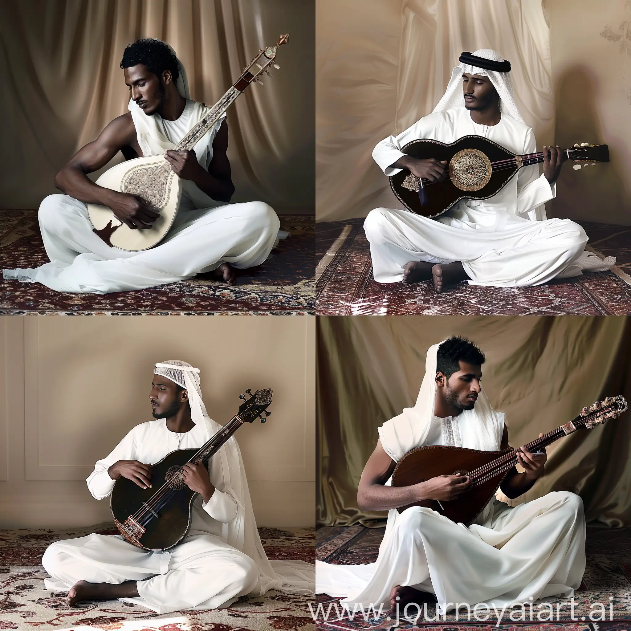 Saudi-Black-Man-Playing-Arabic-Oud-in-Traditional-Attire