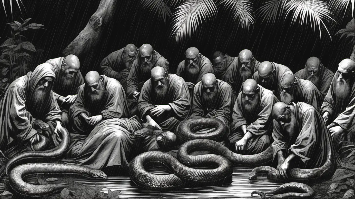16th Century Monks Sleeping in Amazon Jungle During Rain with Snakes Theodore the Bry Style