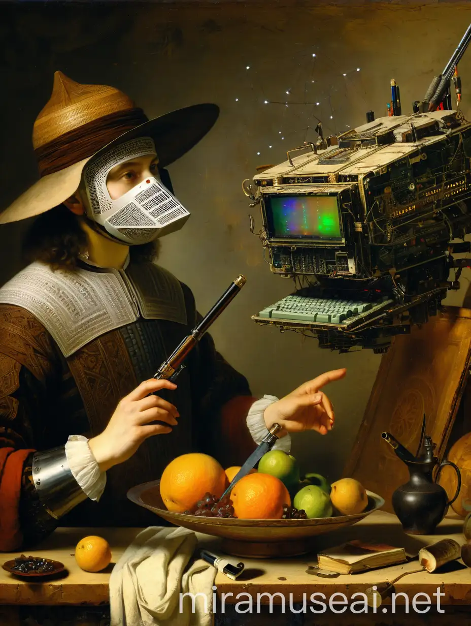 rembrandt cybernetic computeric stillife with  morphologic woman hunter, old masters painting, old texture