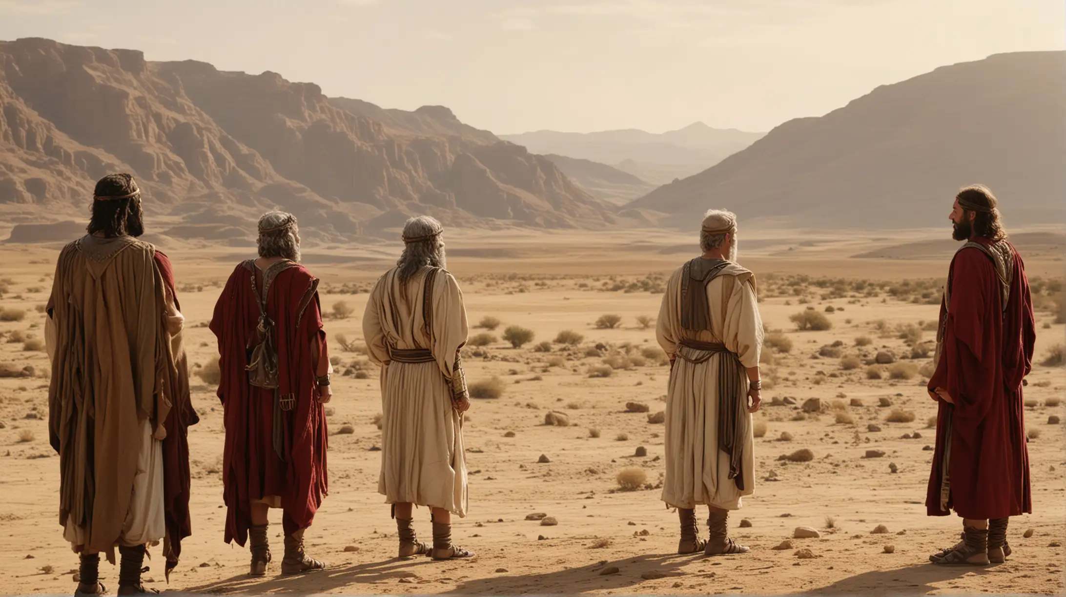 Biblical Era Five Kings Confer in the Desert with Moses People in the Distance