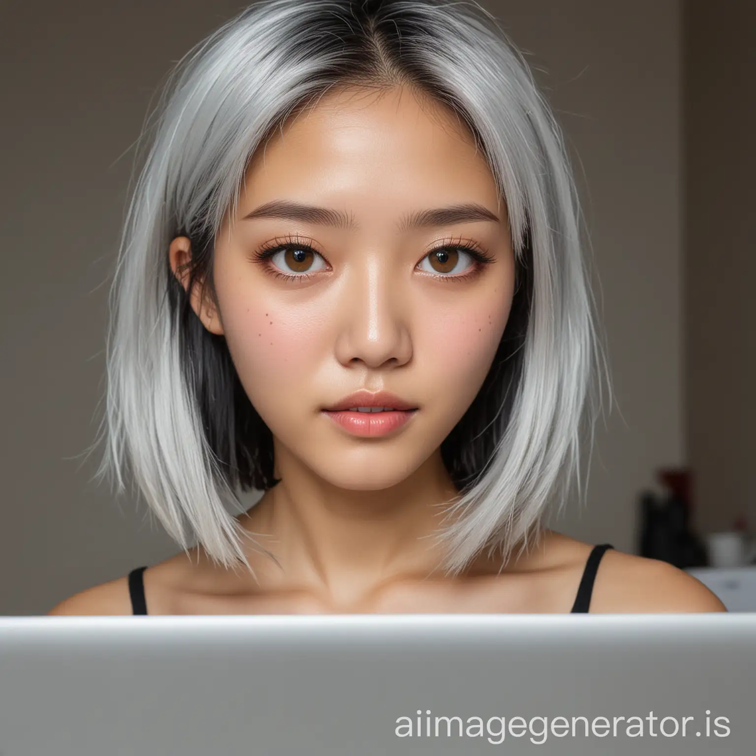 twenty year old Chinese woman with hazel eyes, silver hair in a long bob style, wearing black, using a laptop