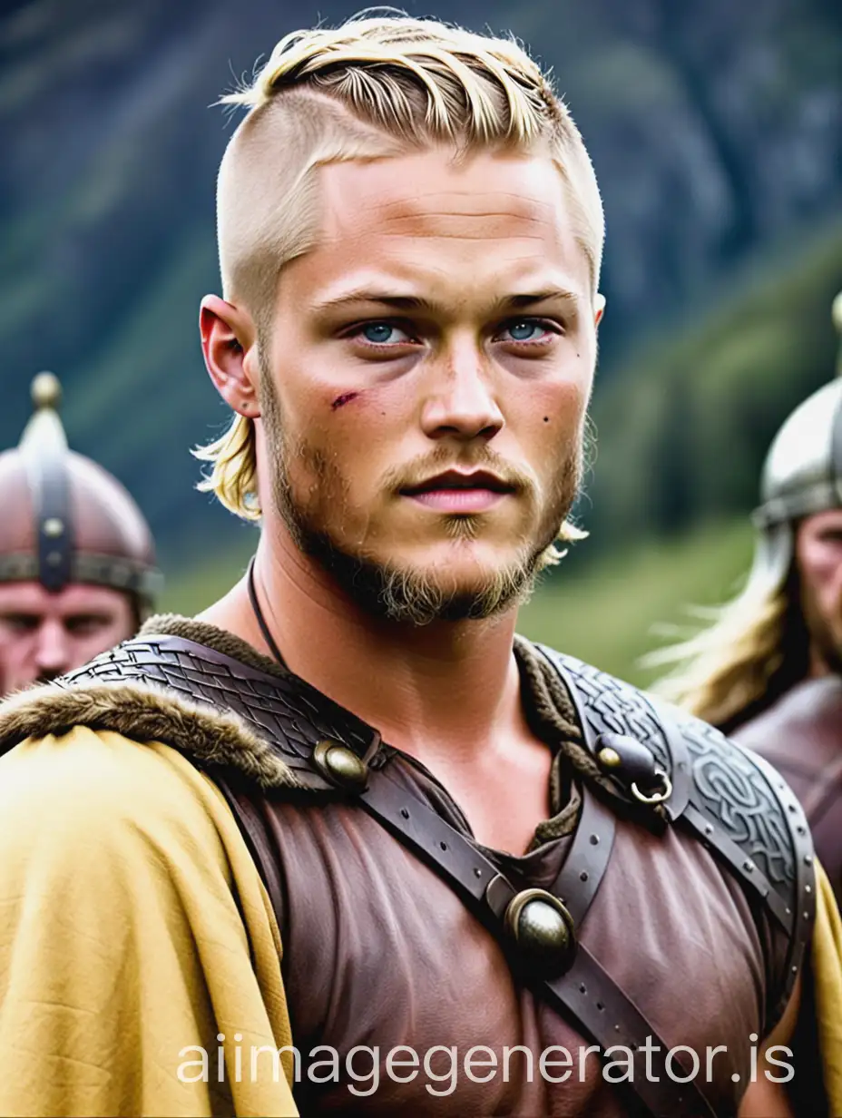 Viking Travis Fimmel. 23-years-old. Short blonde hair. 187 cm tall height. Muscular body. Dressing dark yellow viking clothing.