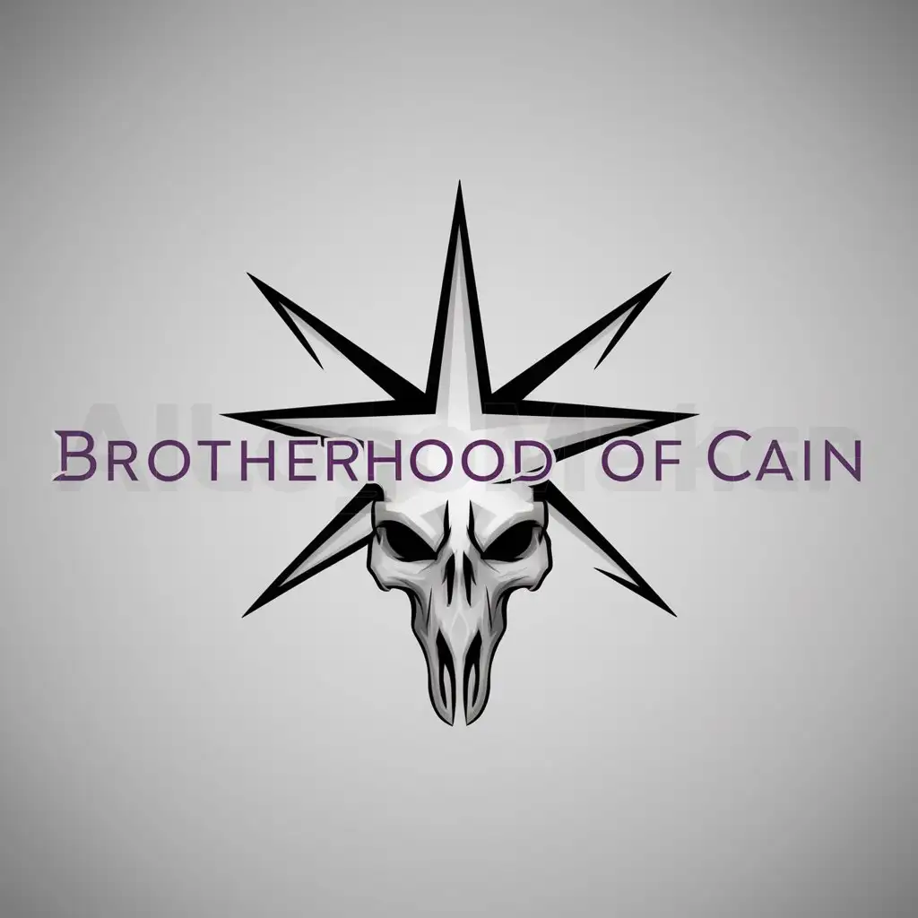 a logo design,with the text "Brotherhood of Cain", main symbol:six-pronged star, skull head, purple,Minimalistic,clear background