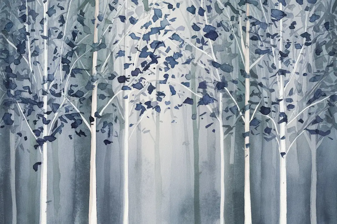 a beautiful blue forest water color painting, Shades of light and dark blue blend together to form the appearance of leaves, while the light use of grey alludes to a foggy atmosphere