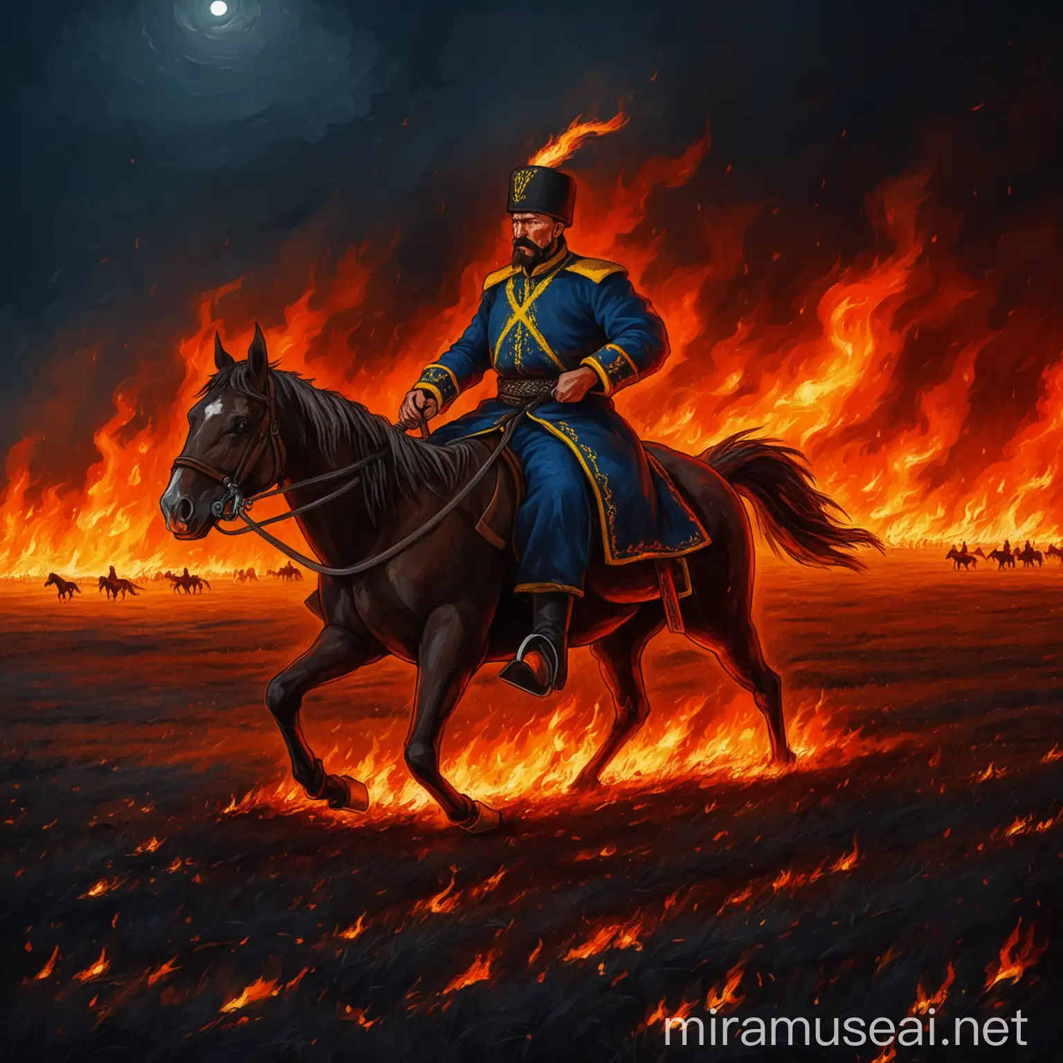 A Ukrainian Cossack with a saber on a horse in a burning field on the night 
Phonk style