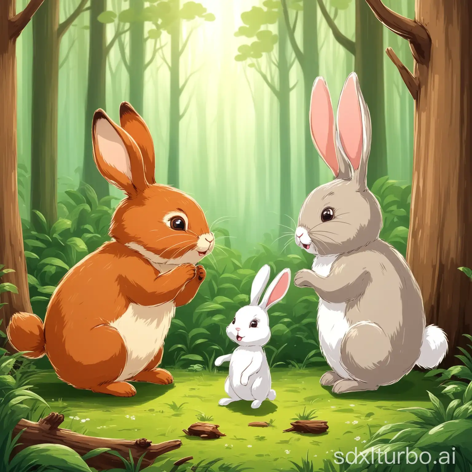  Forest animals, such as cartoon rabbits, are chatting. 