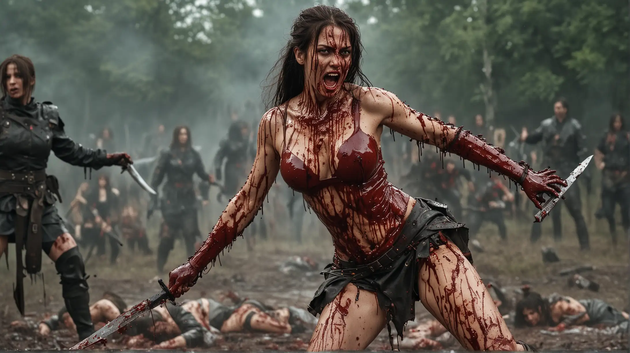 Fierce Female Warrior Engaged in Bloody Battle