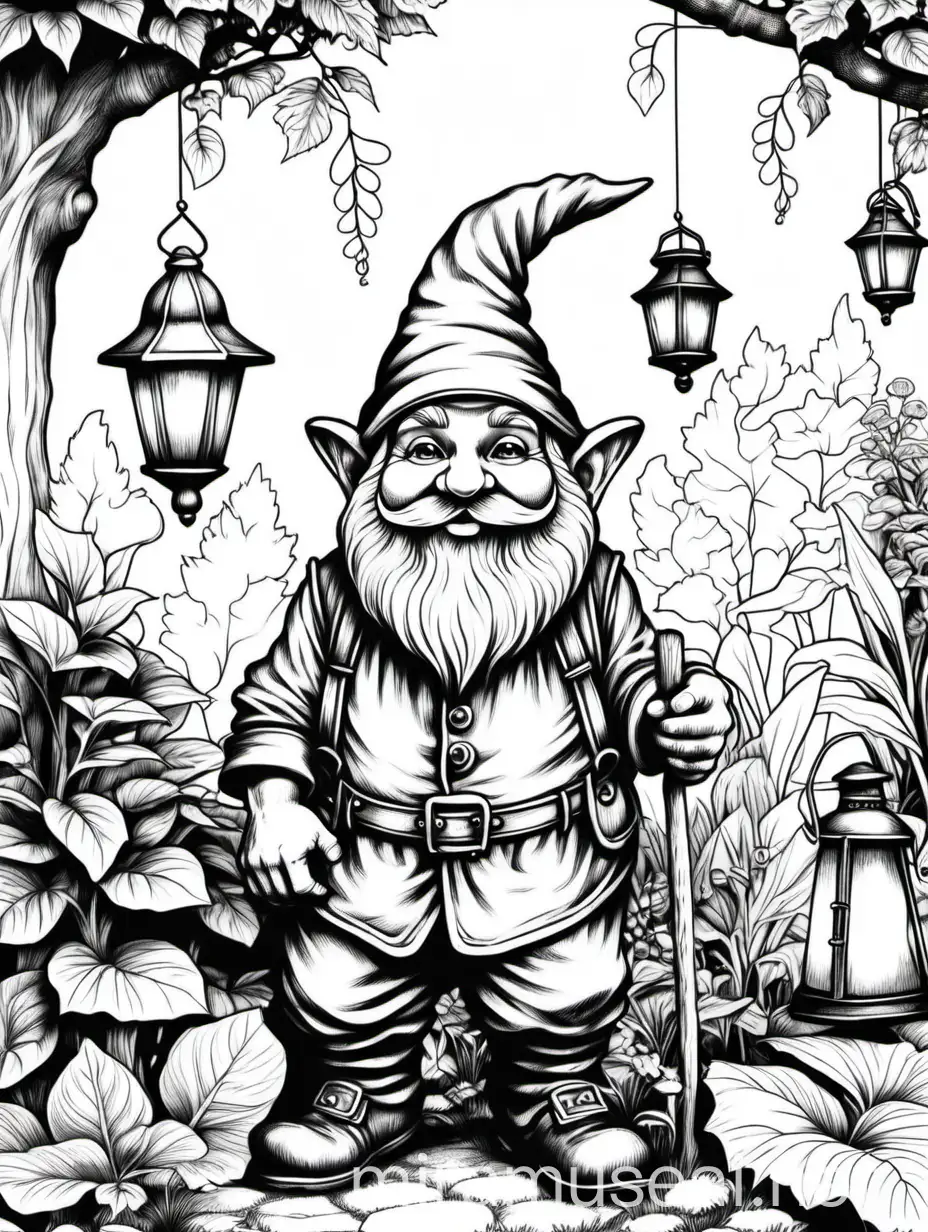 garden dwarf in home garden, gnome decoration with Lanterns Coloring Page for Adults