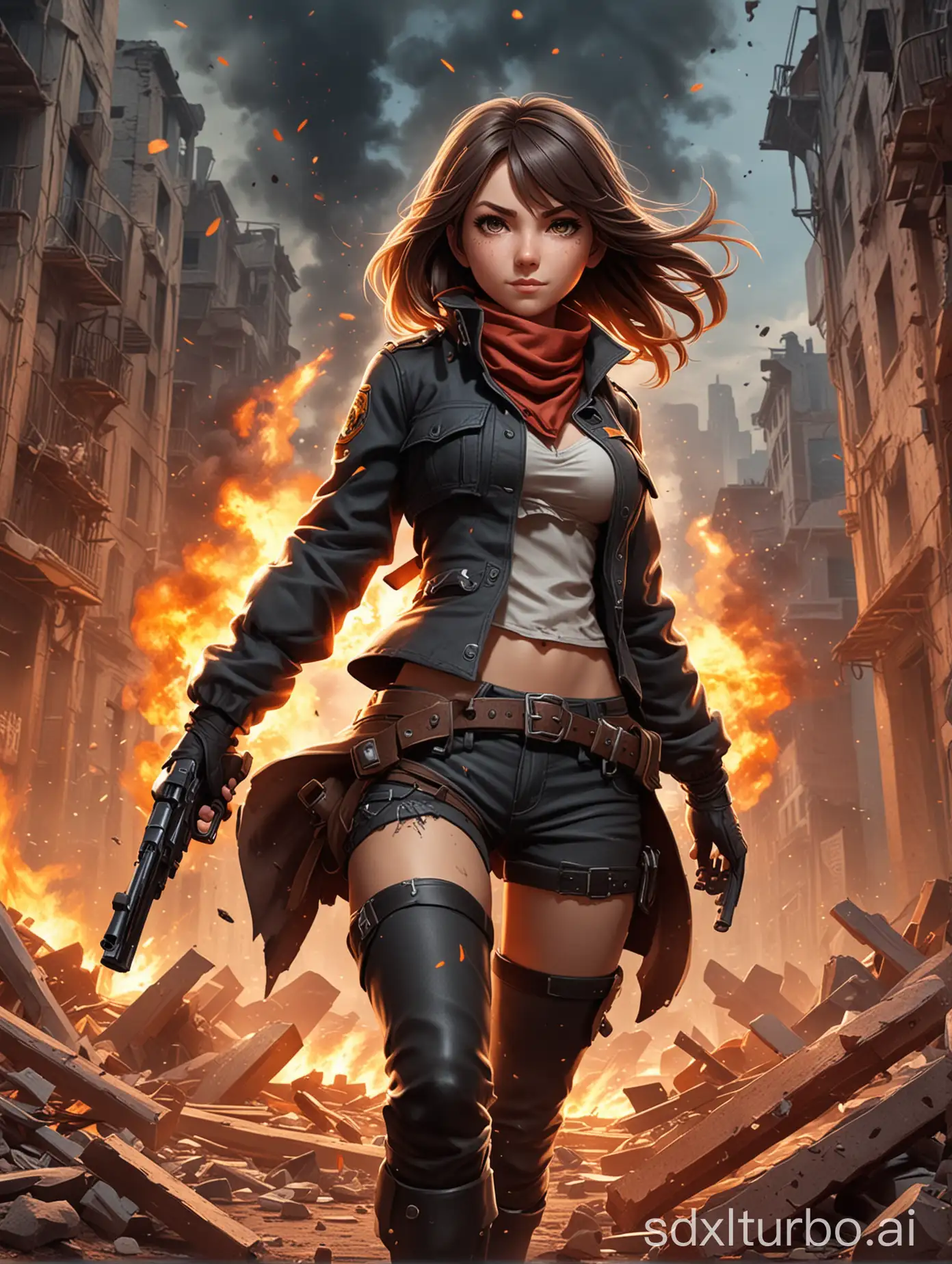 Create a battle action game style poster that showcases a cute anime girl Gunslinger with a dynamic full body rendering. Her revolver fires and she flies through the fiery rubble.