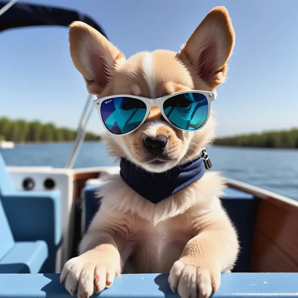 a puppy enjoying the summer heat. he wears sunglasses and is on a boat.
