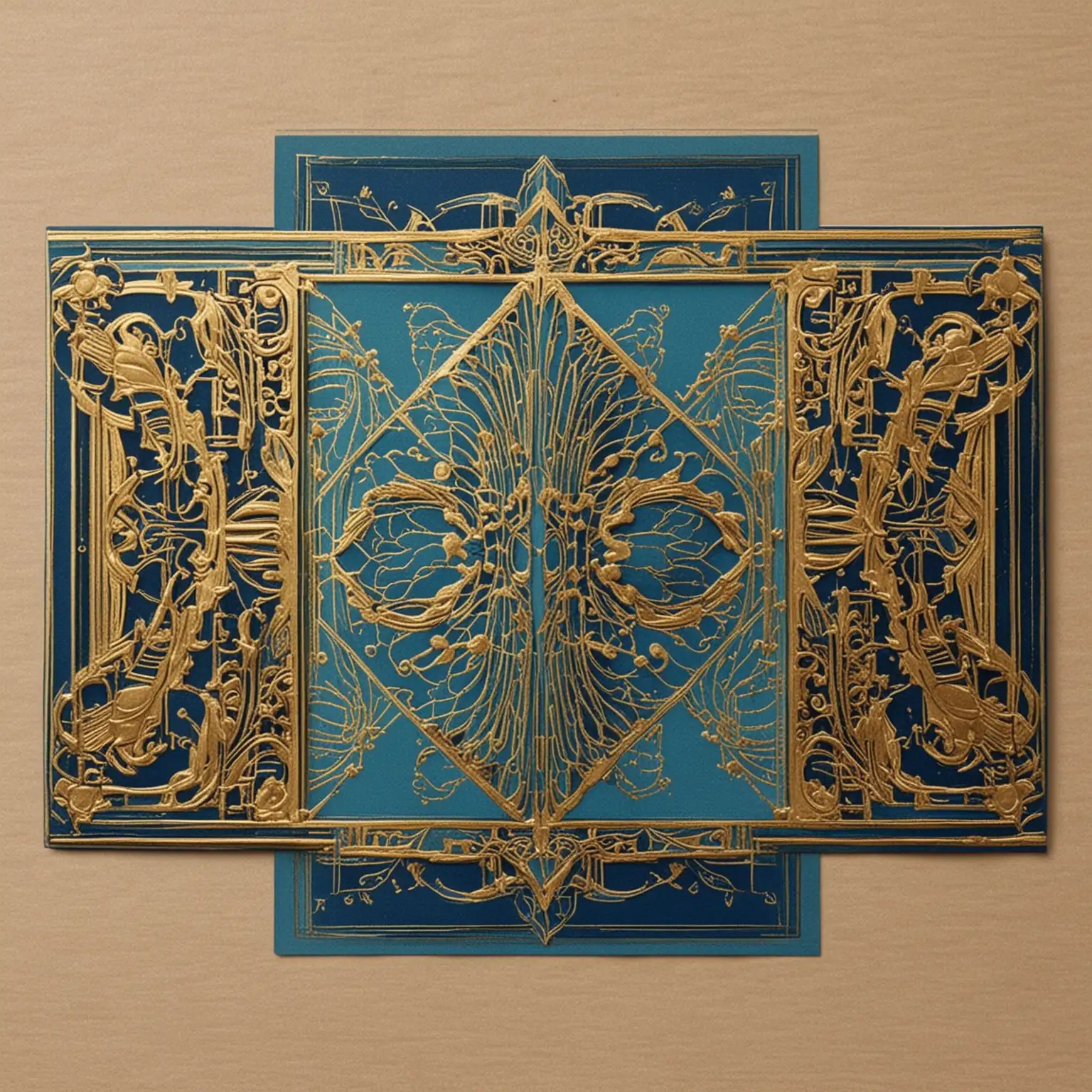Card size 11.5 x 17 mm. Card to have narrow borders around the edge. Border to be art deco style in blue with gold elements