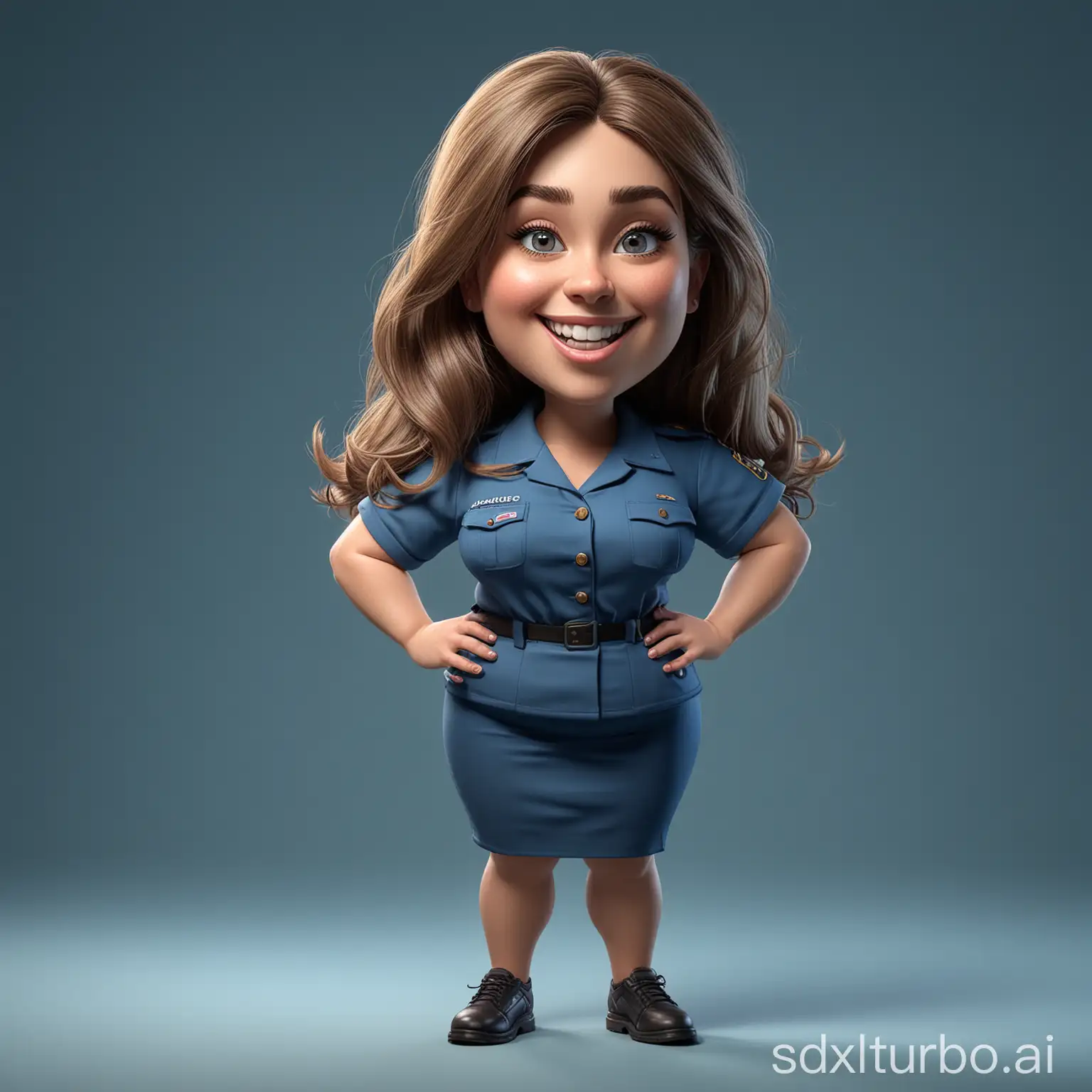 Create a caricature 3D Realistic cartoon style full body with a large head. Fat body, a 23 year old woman. Long shagy hair, oval chubby face, thin eyebrows, slanted eyes, flat nose, smile with your mouth wide open showing your upper and lower teeth. Wearing a blue uniform. Face angle 2/3, facing right. Use soft photography lighting, uhd, hd, 20k. Hyperrealistic, details, color depth, dramatic, side light, blue gradient colorful background.