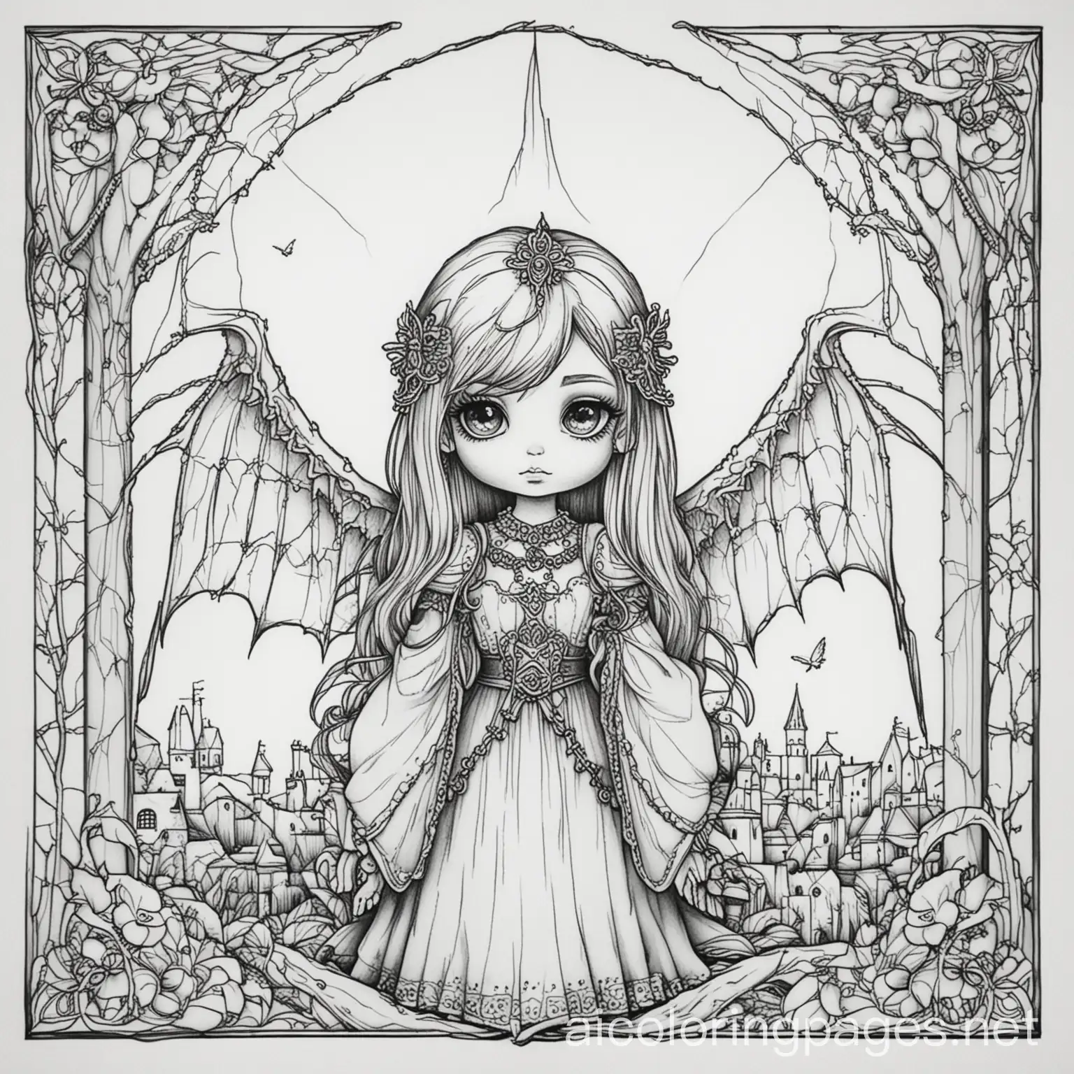 gothic dark angle, Coloring Page, black and white, line art, white background, Simplicity, Ample White Space. The background of the coloring page is plain white to make it easy for young children to color within the lines. The outlines of all the subjects are easy to distinguish, making it simple for kids to color without too much difficulty