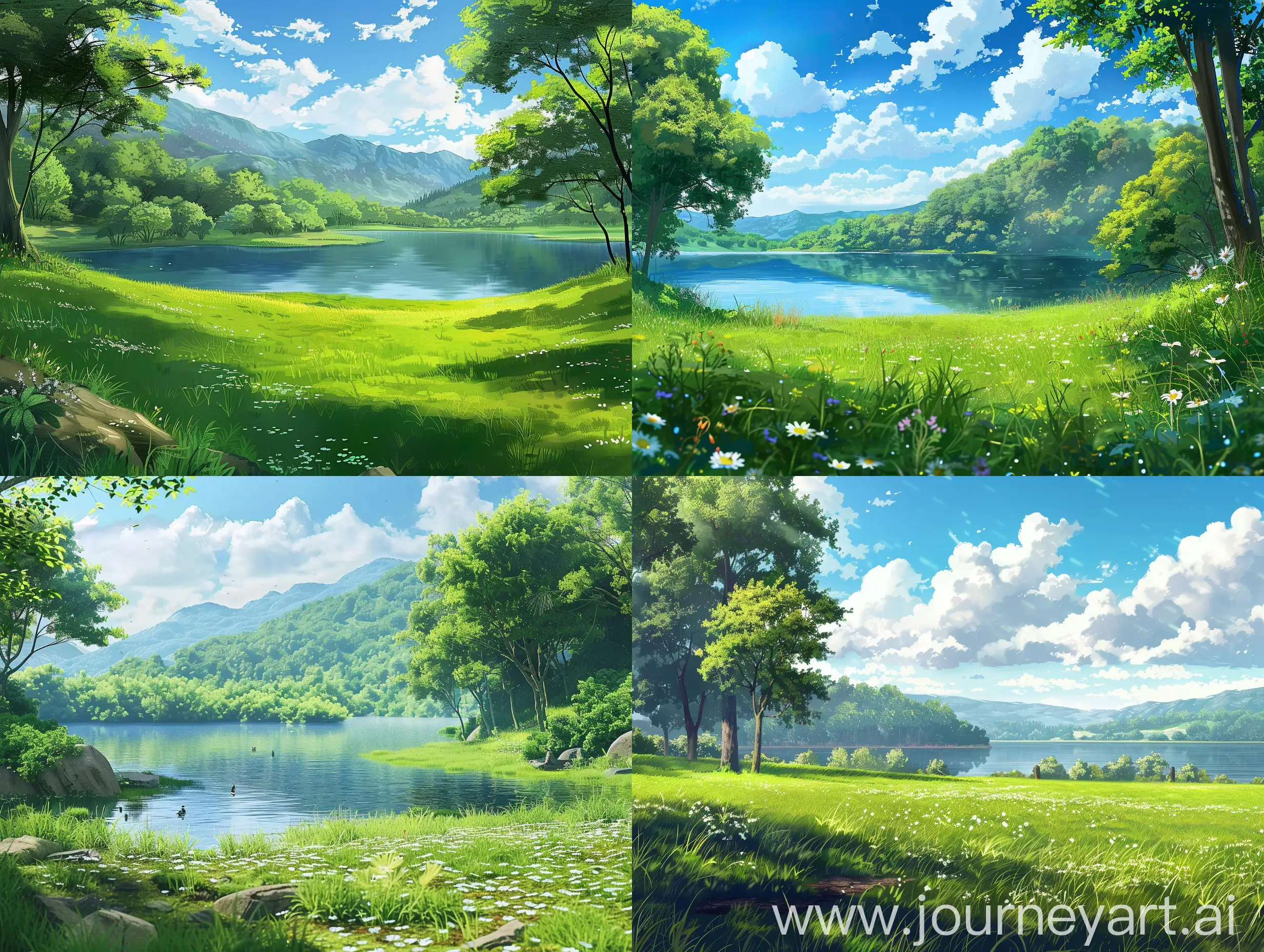 studio ghibli style of a peaceful grassy landscape with some trees and a lake. very detailed. --s 1000