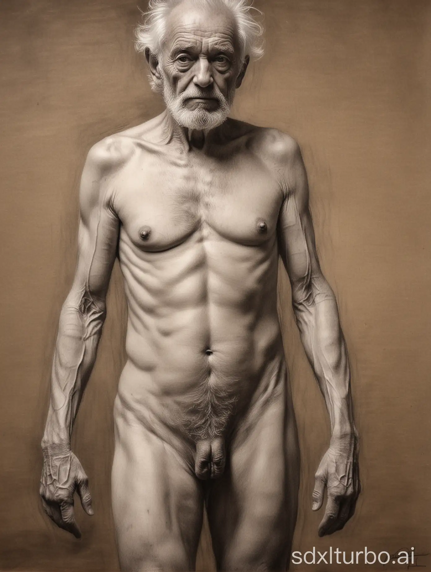 Charcoal drawing. Nude, seen from the front. old man,  pubic hair. Naked, in front of the viewer. Hands clasped behind his body.