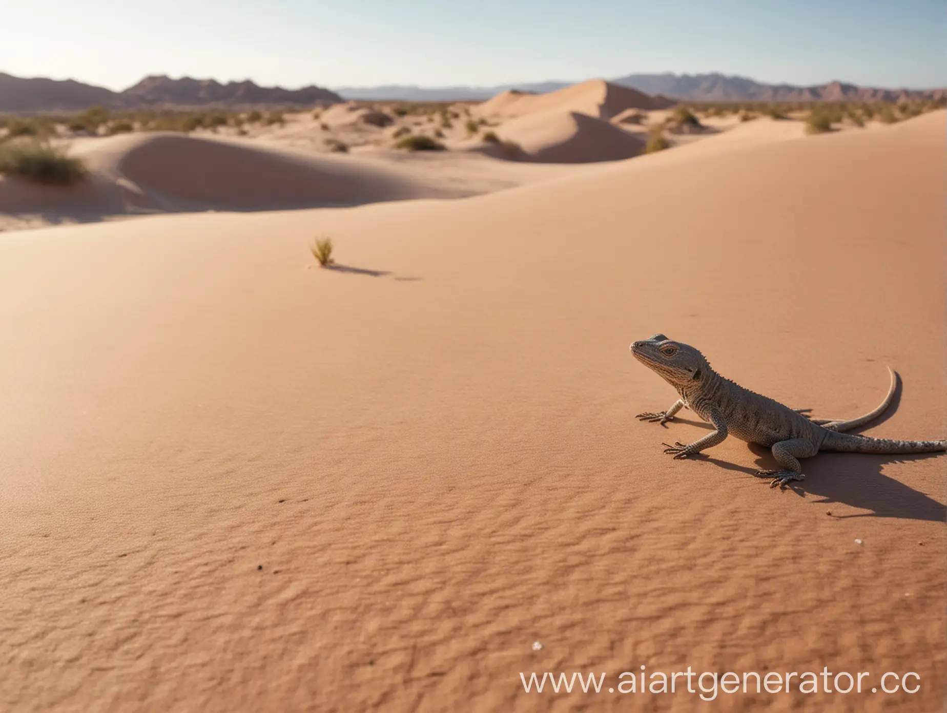 Создай фото пустыни с невысокими дюнами
и небольшой ящерицей на переднем плане
