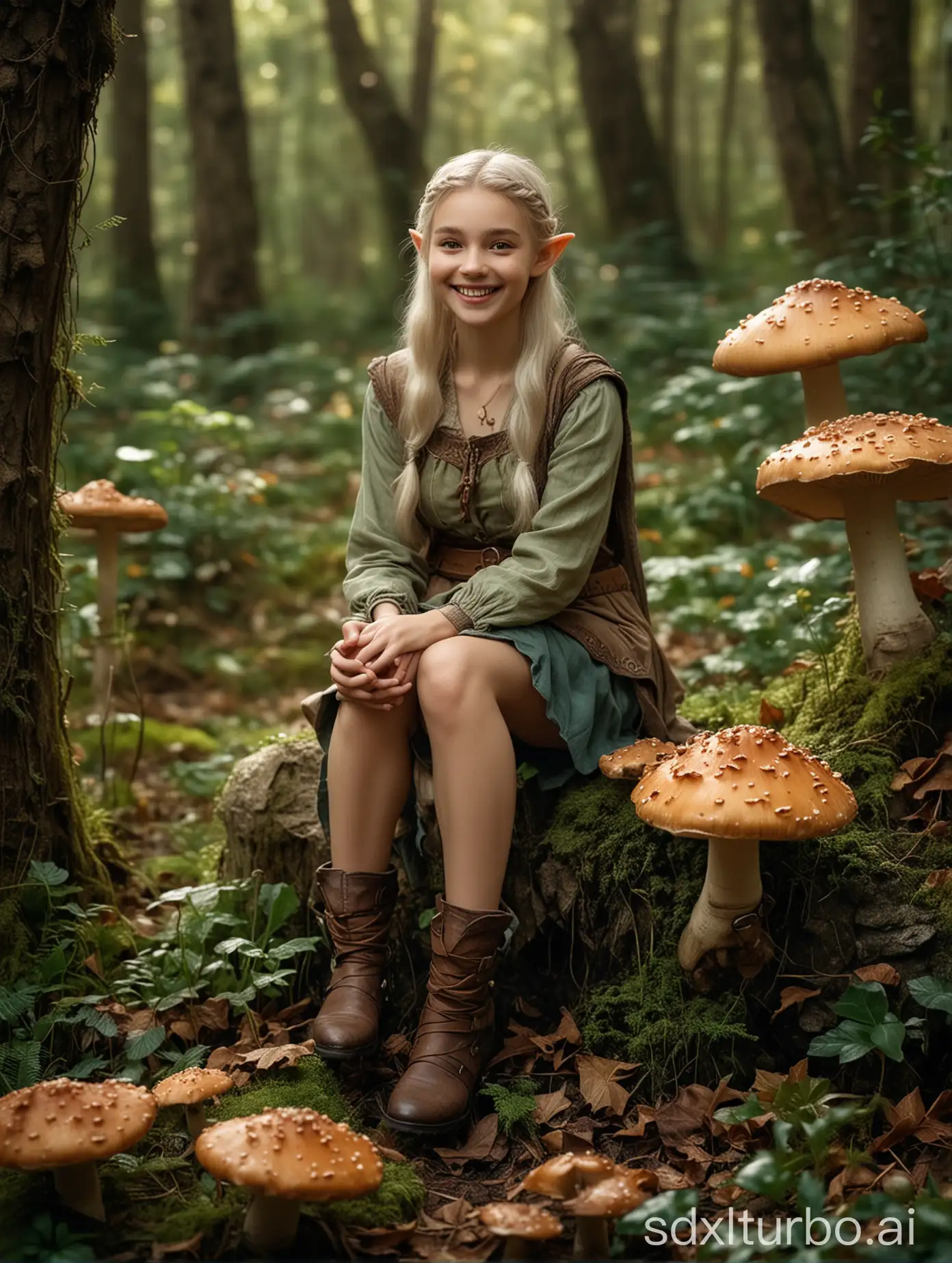 a smiling elven girl is sitting on a mushroom, hasselblad photography, masterpiece, best quality, Fujifilm