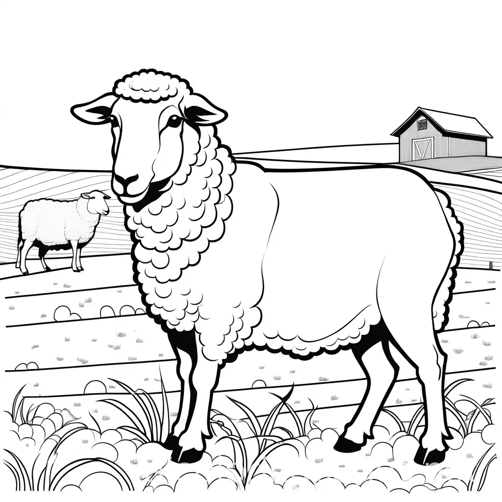farm sheep cartoon, Coloring Page, black and white, line art, white background, Simplicity, Ample White Space