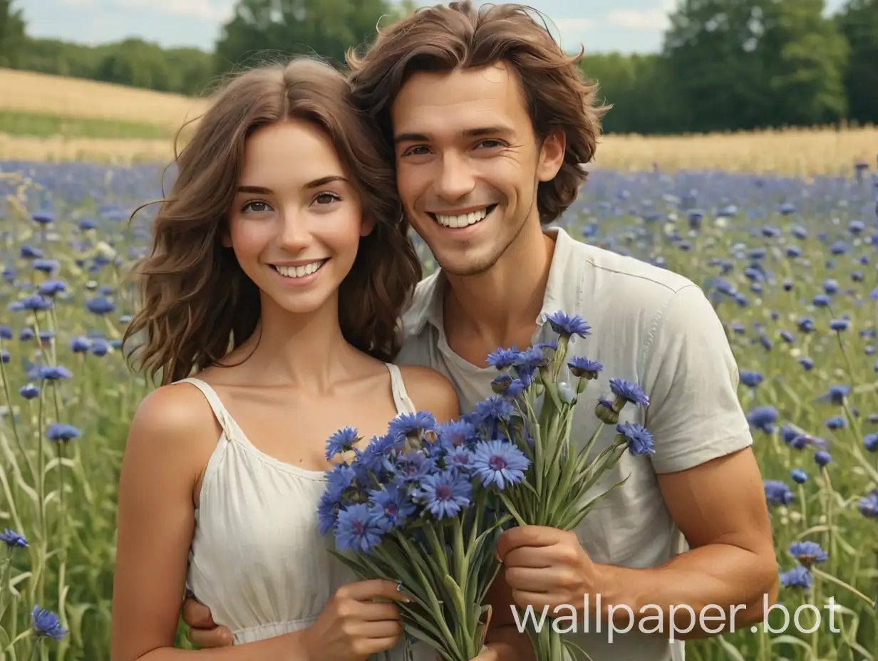 woman and man with cornflowers, full-length, brunette, smiling, summer