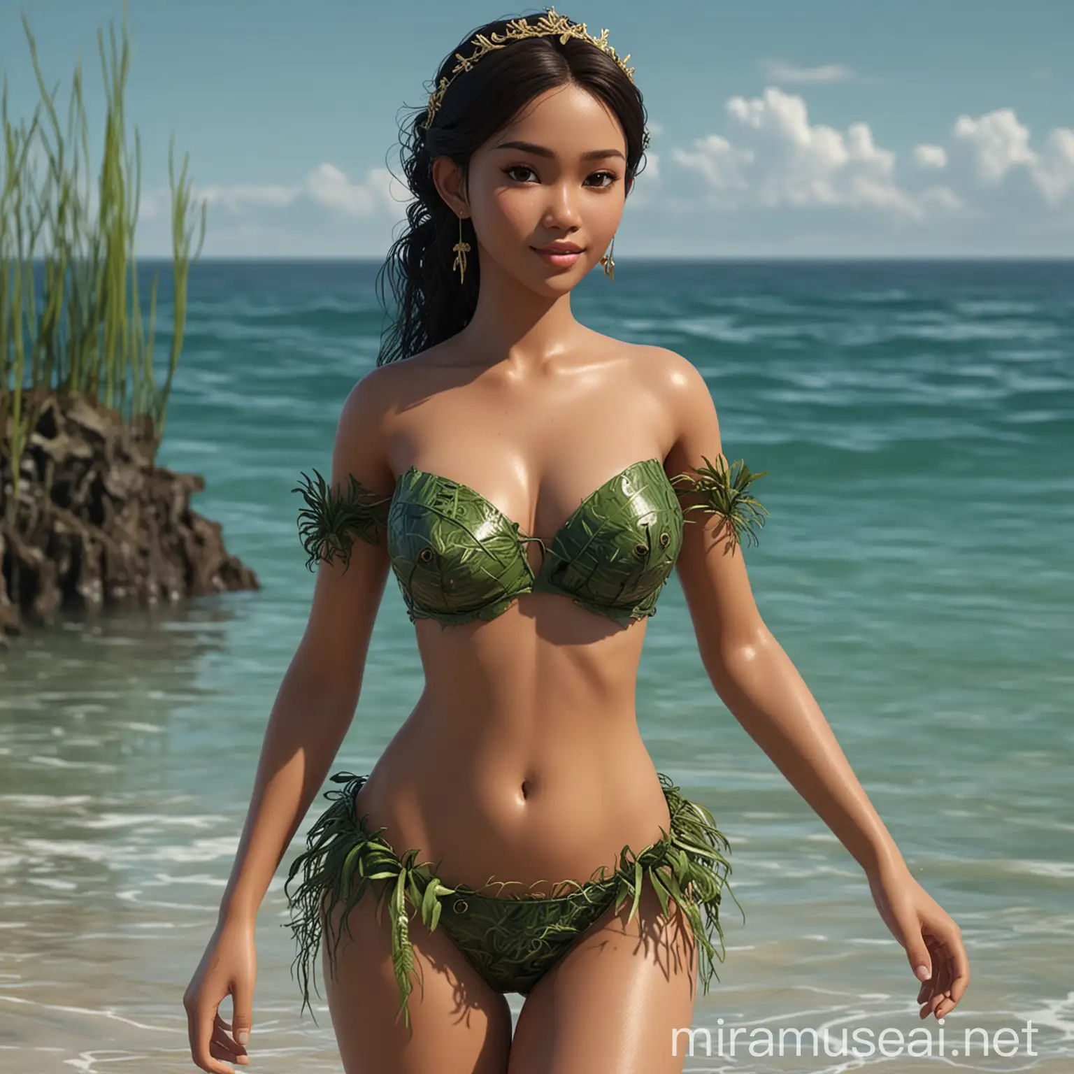 3D animation of an Indonesian sea princess, sexy at the age of around 20, wearing a seaweed bikini 