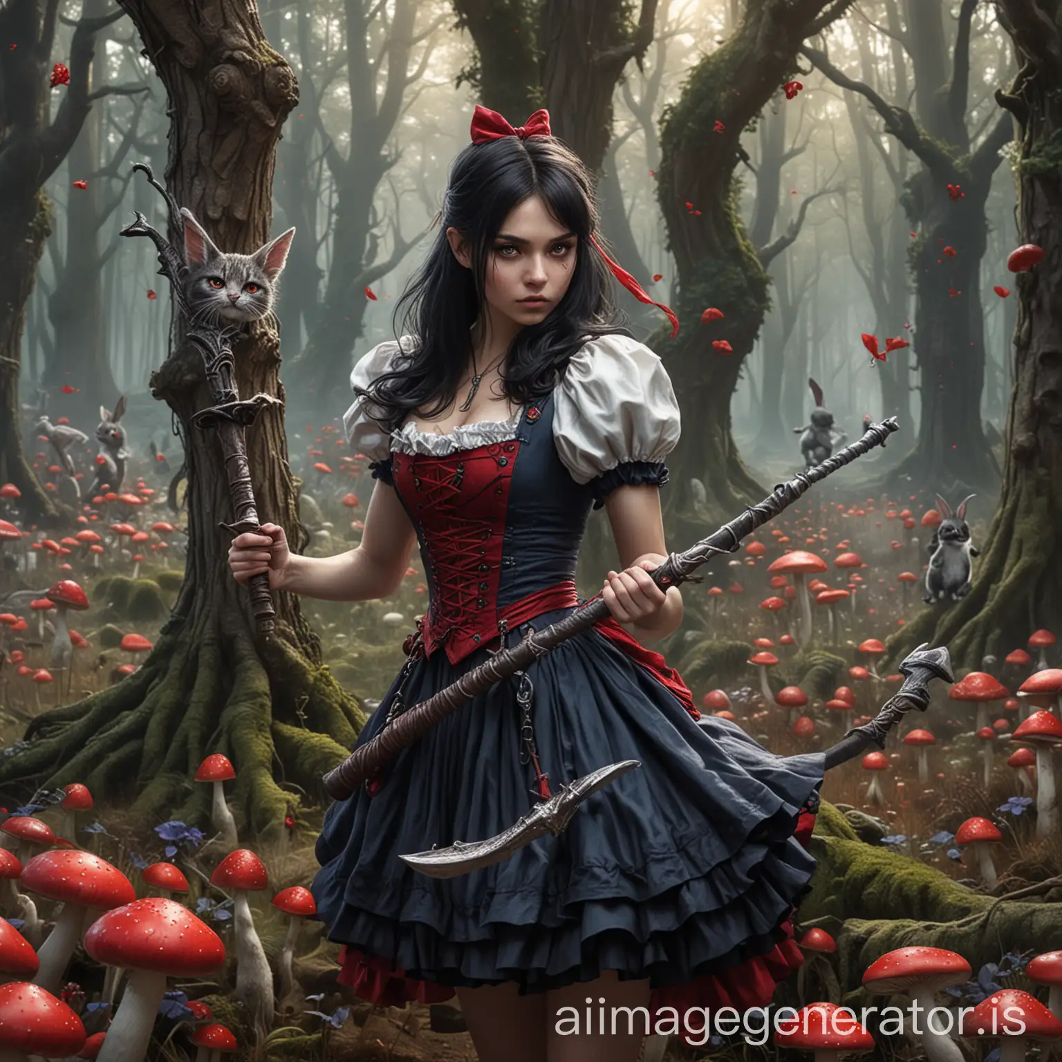 alice with dark hair, beautiful but fierce face, a young but powerful sorcerer, holding a quarter staff weapon, back ground white and red mushrooms, trees and forest with  Cheshire cat in a tree, and bunnies in the background too