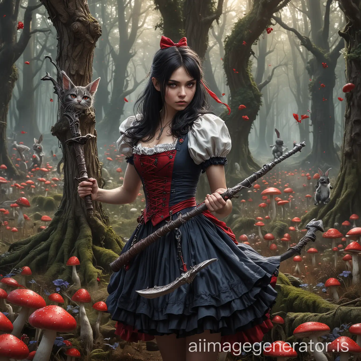 alice with dark hair, beautiful but fierce face, a young but powerful sorcerer,  holding a quarter staff weapon, back ground white and red mushrooms, trees and forest with  Cheshire cat in a tree, and bunnies in the background too