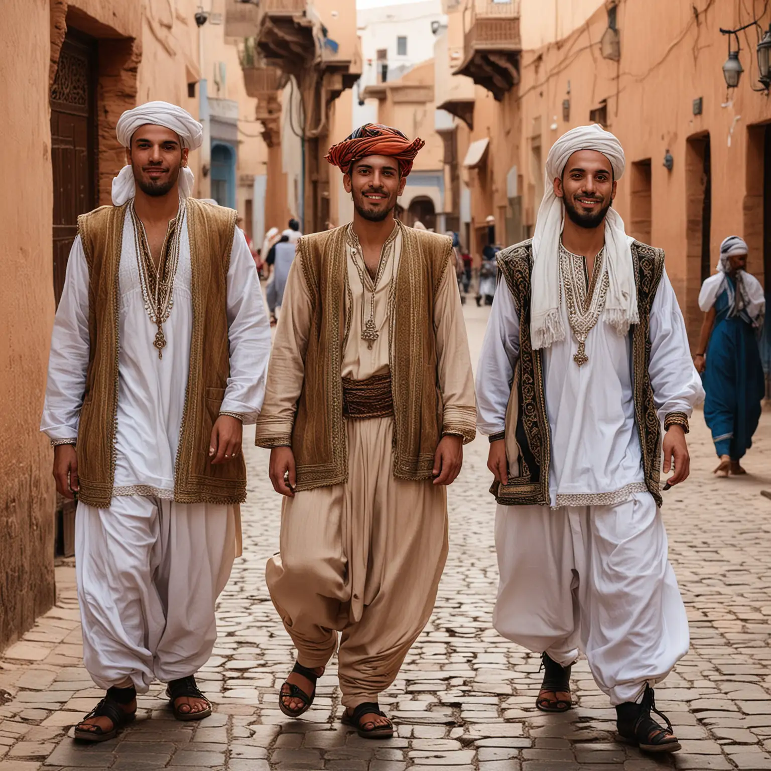 Traditional Moroccan Men Walking Through Colorful Street Market