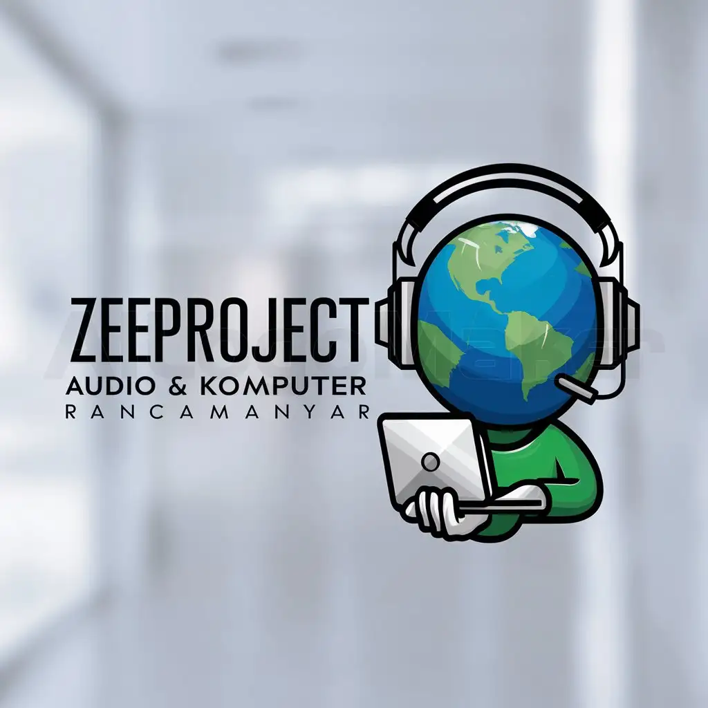 a logo design,with the text "Zeeproject Audio & Komputer Rancamanyar", main symbol:earth head with headphone and bring laptop,Moderate,clear background