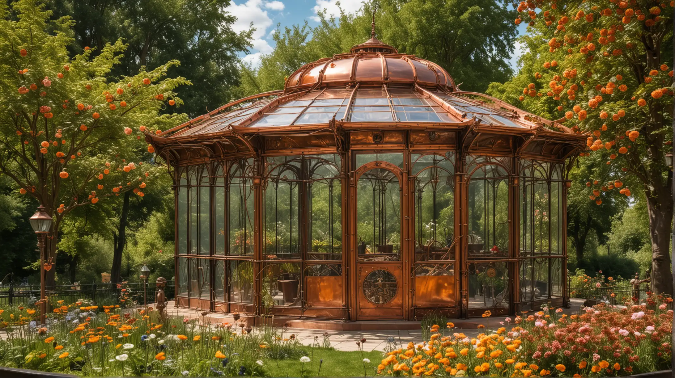 a steampunk pavilion made of copper and glass in a botanical garden, many flowers and fruit trees, sunny