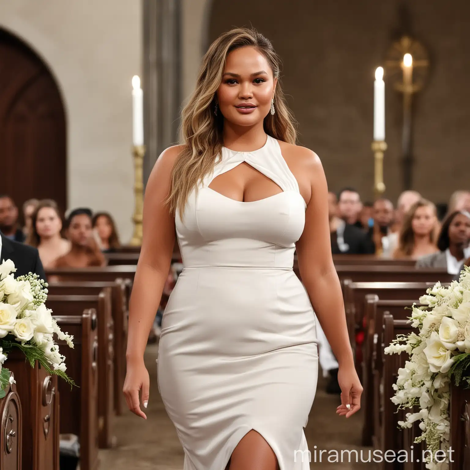 Chrissy Teigen in a short wedding dress in church, bbw, sleek straight hair, big giant breasts, showing massive, zoomed in from the waist up
