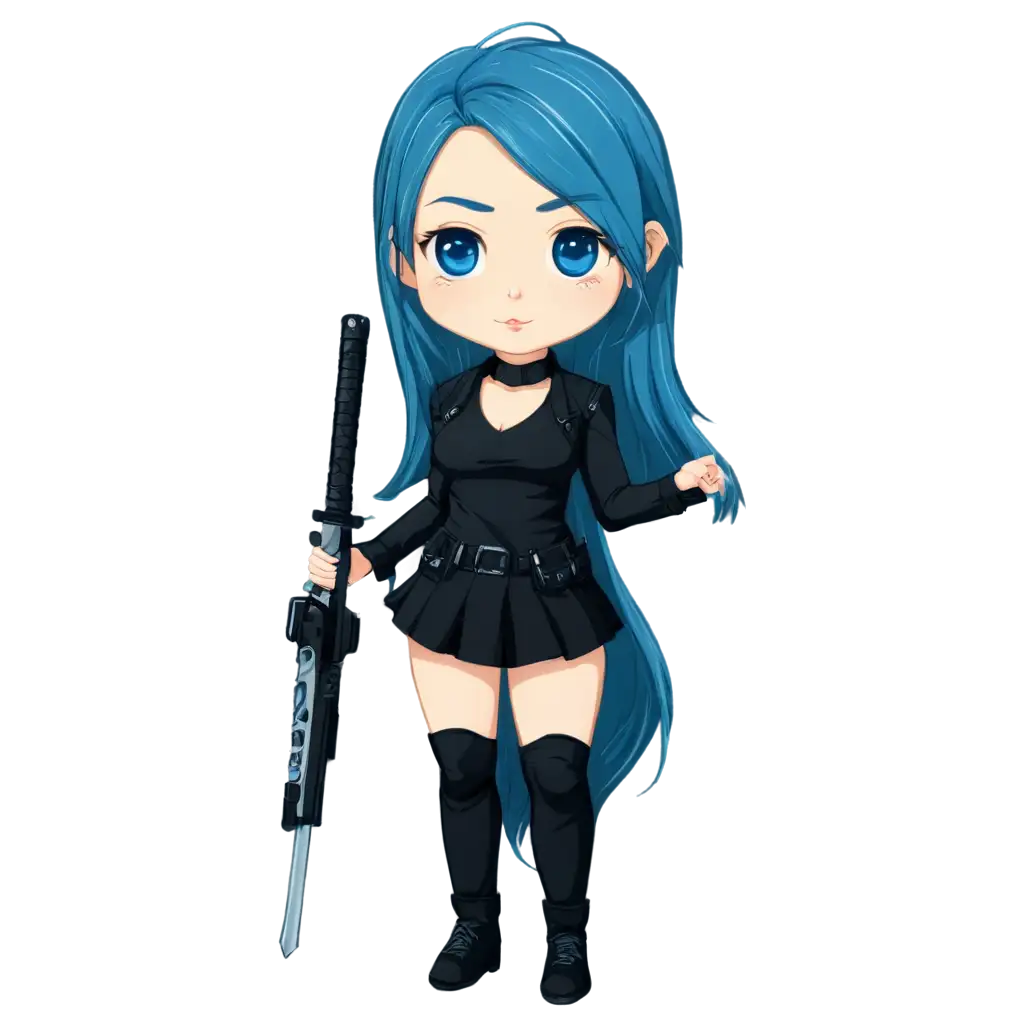  female chibi with long blue hair, wearing a black miami outfit and holding a farustic weapon make it in vector style