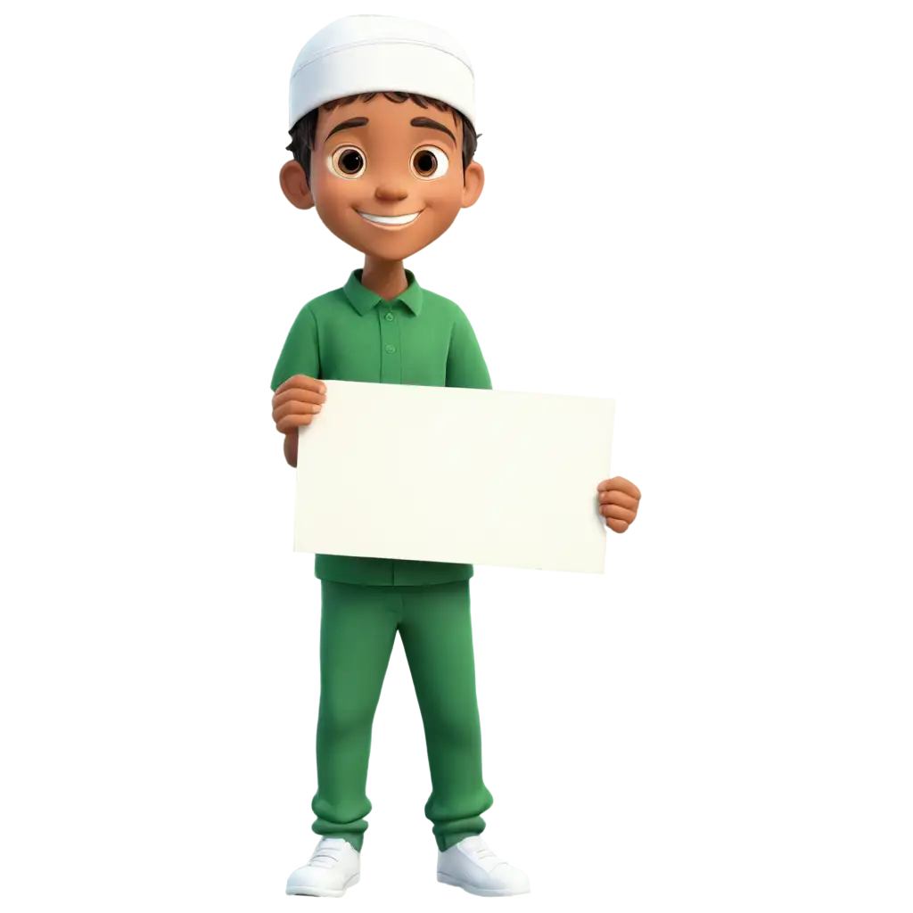 muslim boy greeting with blank banner vector in cartoon