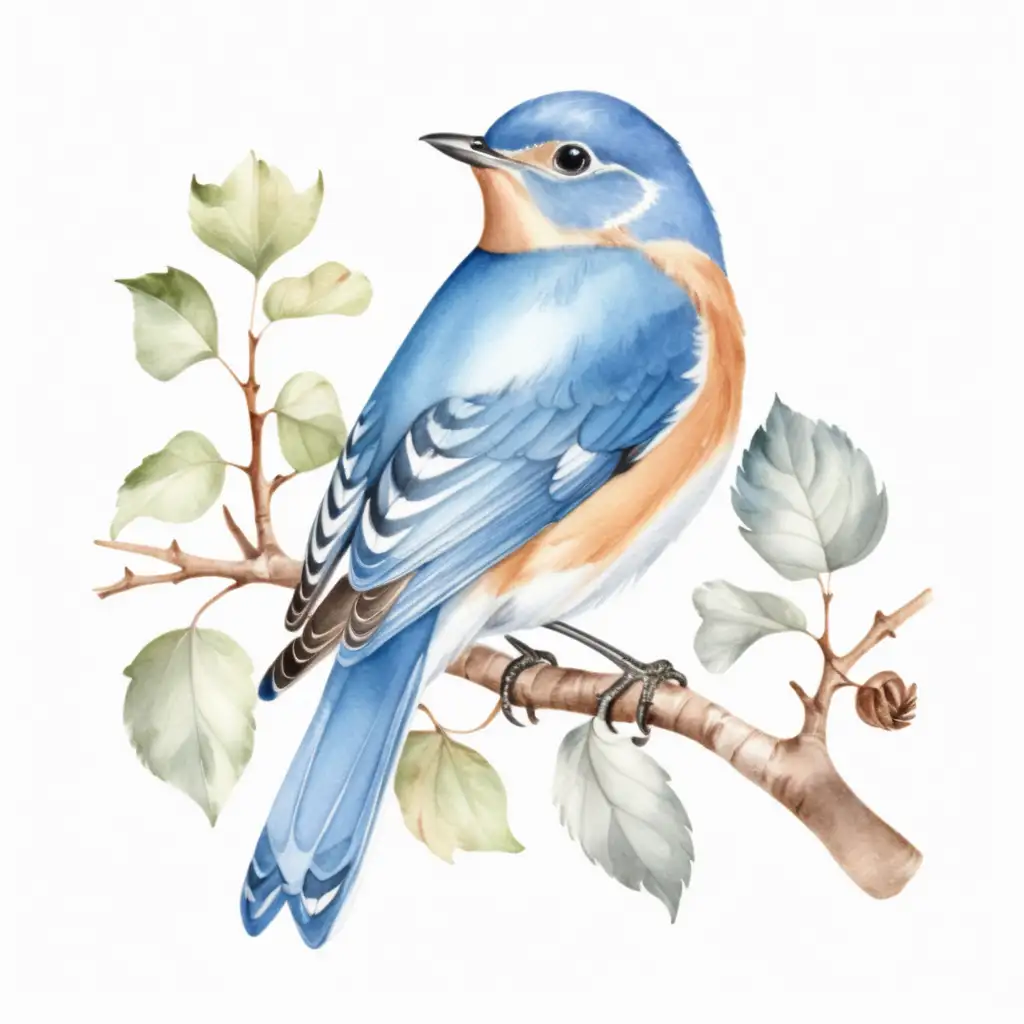 Aesthetic Watercolor Blue Bird on Branch White Background