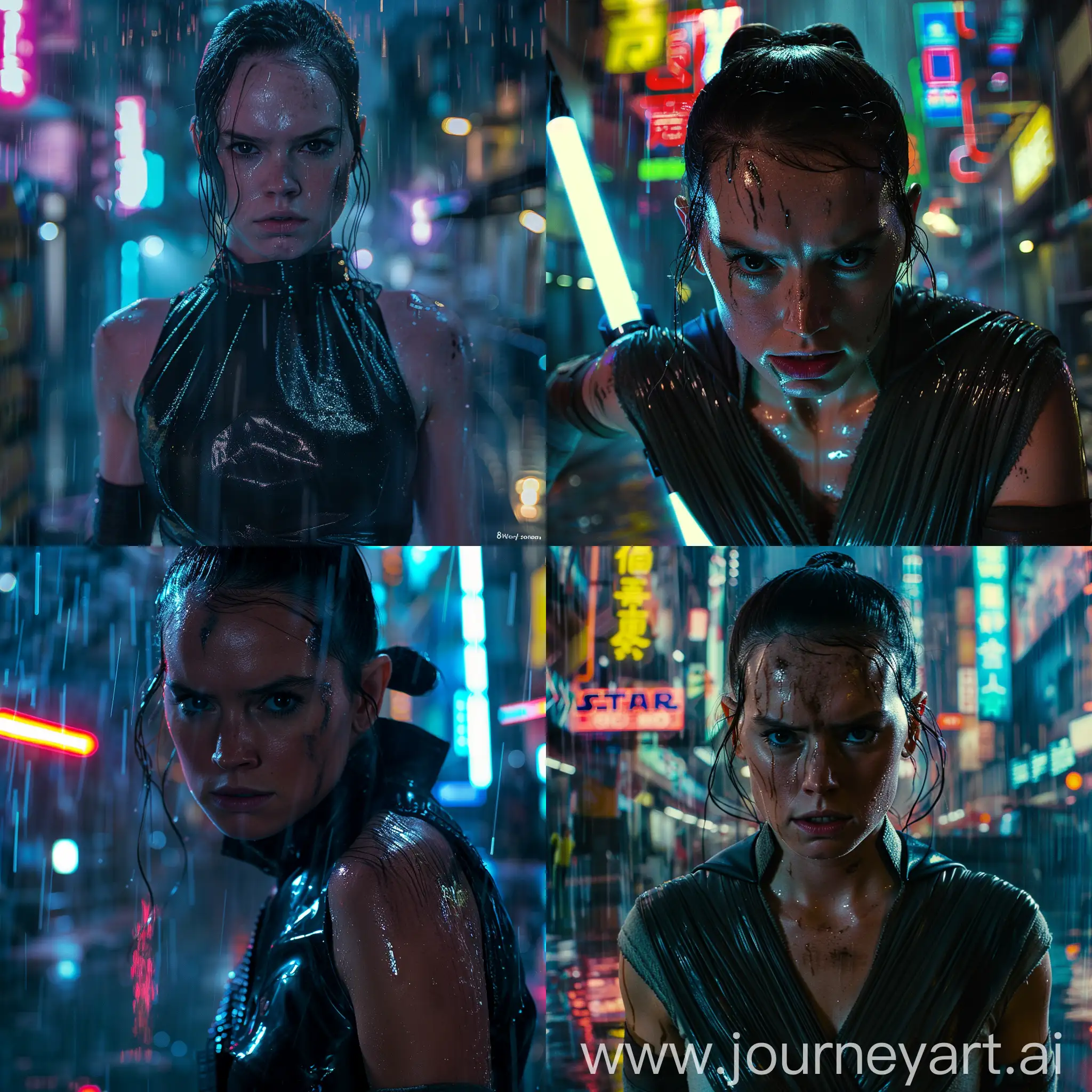 Daisy Ridley With Rey Skywalker's face,, With wet Black leather in cyberpunk city With neon , With neon lights reflecting in her wet face in The rain, looking at The camera, angle focusing from the waist up, 8k resolution