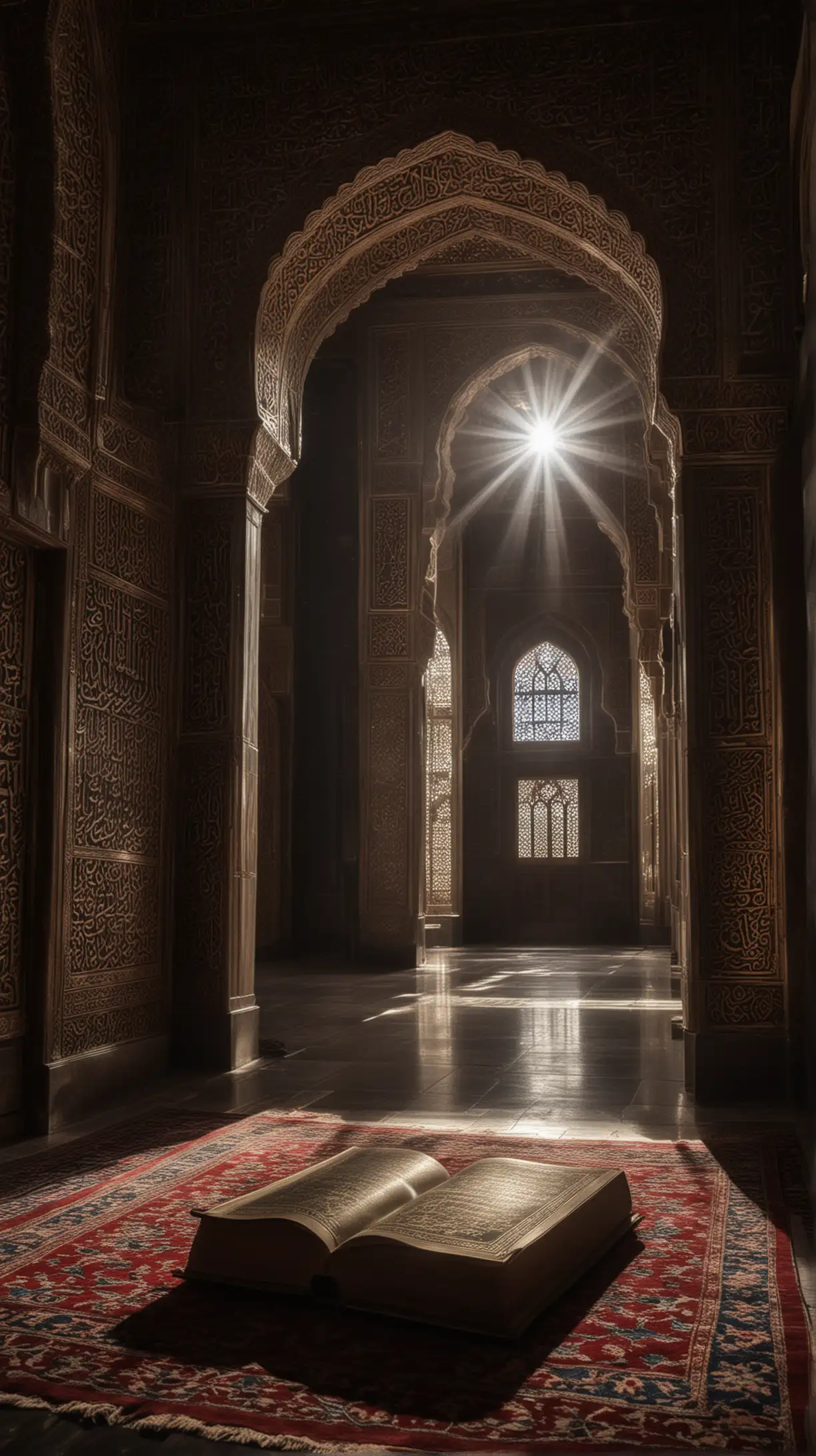 a shining book in a mosque with dark surrounding