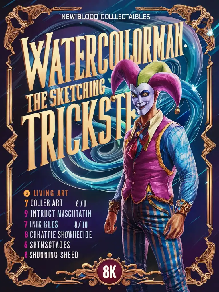 Design an 8k card with the bold title: 'New Blood Collectables,' featuring "Watercolorman, the Sketching Trickster" Species "Jester" Include a detailed 8k background and an intricate border with a glossy finish.
Stats:
Strength: 6/10
Speed: 7/10
Intelligence: 8/10
Creativity: 10/10
Abilities:
Living Art: Watercolorman can bring his sketches to life, summoning creatures, objects, and even landscapes from his drawings. These creations obey his commands and can be used in battle or for practical purposes.
Color Manipulation: He can manipulate and control colors, using them to create illusions, camouflage himself, or blind his enemies with bursts of vibrant light.
Ink Blades: He wields a set of paintbrushes that transform into razor-sharp blades, allowing him to engage in close combat with swift and artistic strikes.
Sketching Shield: Watercolorman can quickly draw defensive barriers or traps, using his artistic skills to protect himself and his allies from attacks.
Description: Watercolorman is a whimsical and cunning trickster, blending the worlds of art and combat with his unique abilities. His power to bring sketches to life and manipulate colors makes him an unpredictable and versatile fighter. With a playful spirit and a talent for creativity, Watercolorman turns every battle into a masterpiece, using his artistic prowess to outwit and outmaneuver his enemies. Whether summoning fantastical creatures or crafting illusions, he is a master of deception and imagination.