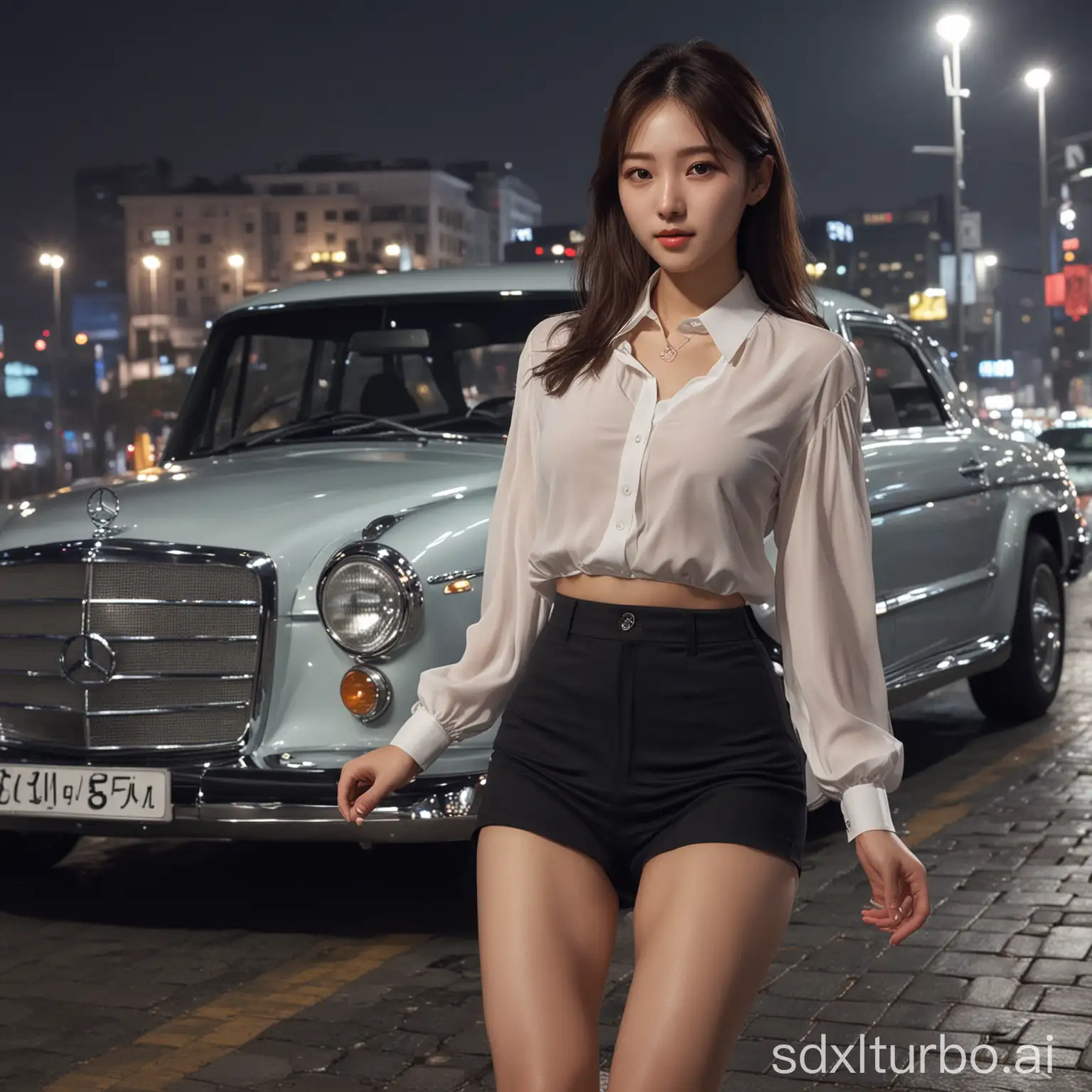 young korean girl, gorgeous face, show legs, mercedes 190, night, seoul, realistic, masterpiece, raytraced