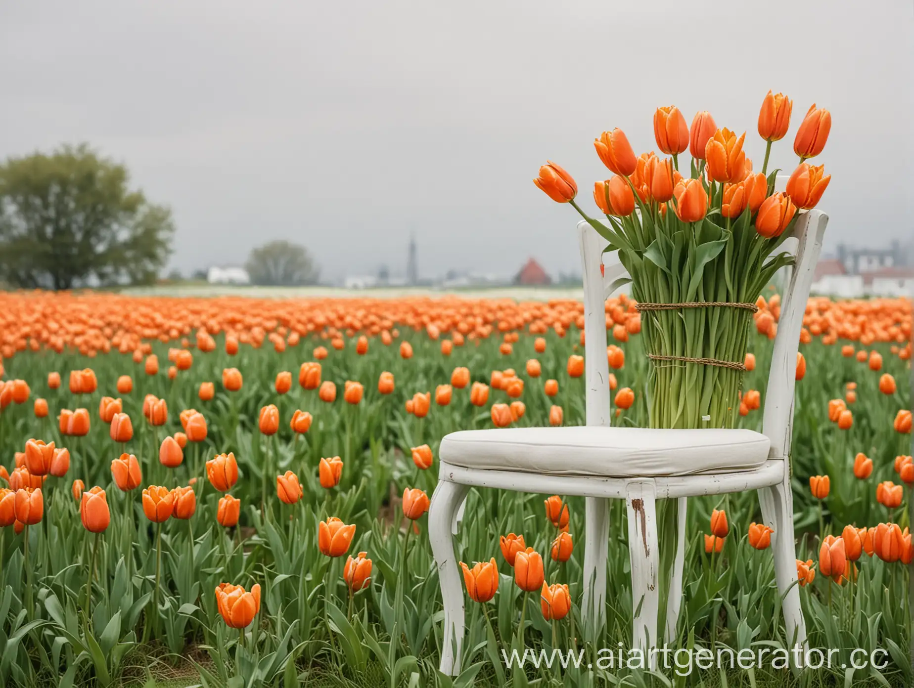 Vibrant-Orange-Tulips-under-a-Pristine-White-Sky-with-a-Grass-Chair