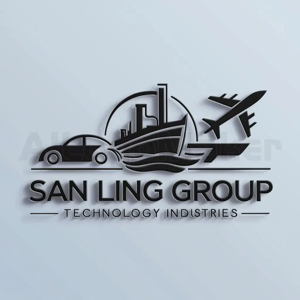 a logo design,with the text "San Ling Group", main symbol:automobiles, steamboats, airplanes,complex,be used in Technology industry,clear background