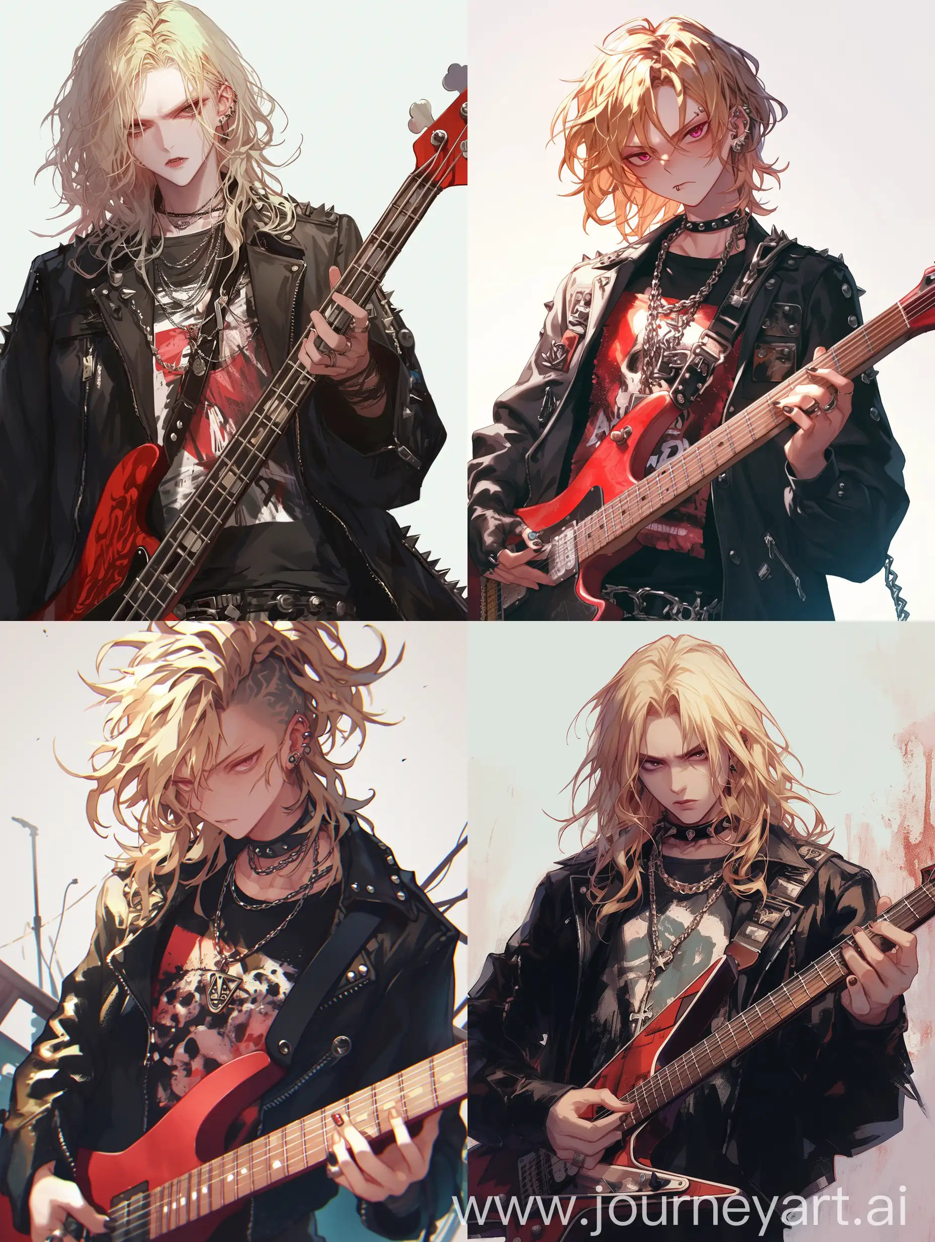 masterpiece, best quality, 1boy,  blond neck-length hair, guitarist, serious expression, punk outfit, black jacket, pierced ears, metal necklace, rock band t-shirt, holding electric guitar --niji 6
