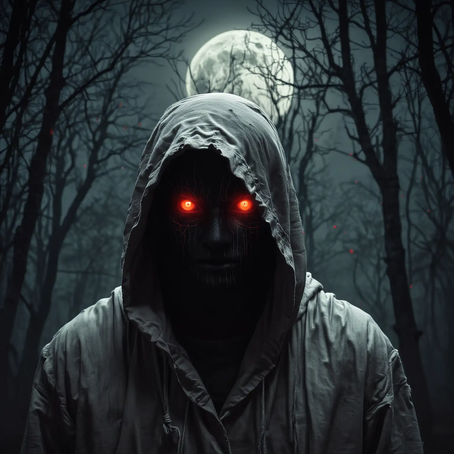 Mysterious Hooded Figure with Glowing Red Eyes in Moonlight