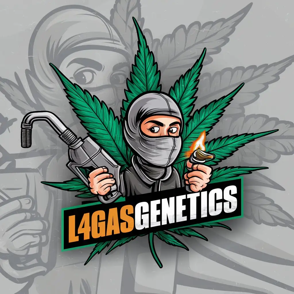 a logo design,with the text "l4gasgenetics", main symbol:A highly detailed weed inspired background with a cartoon character wearing a balaclava holding fuel dispenser nozzle and a joint smoking,Moderate,be used in Cannabis industry,clear background